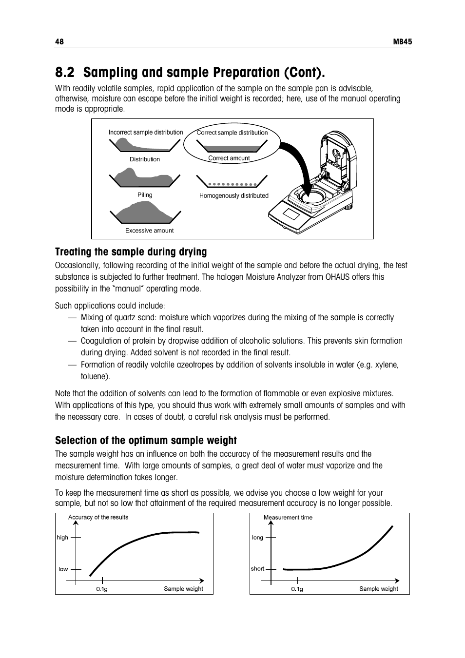 2 sampling and sample preparation (cont), Treating the sample during drying, Selection of the optimum sample weight | Ohaus MB45 MOISTURE ANALYZER Manual User Manual | Page 50 / 70
