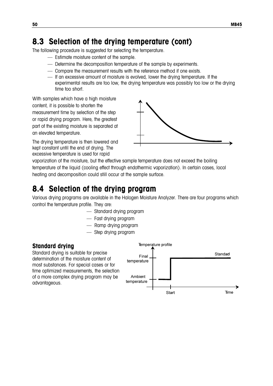 3 selection of the drying temperature (cont), 4 selection of the drying program, Standard drying | Ohaus MB45 MOISTURE ANALYZER Manual User Manual | Page 52 / 70