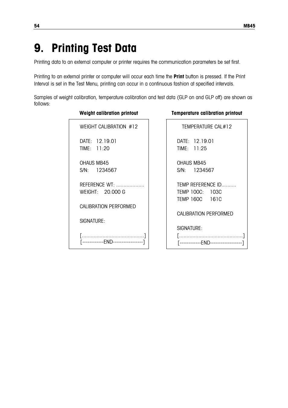 Printing test data | Ohaus MB45 MOISTURE ANALYZER Manual User Manual | Page 56 / 70