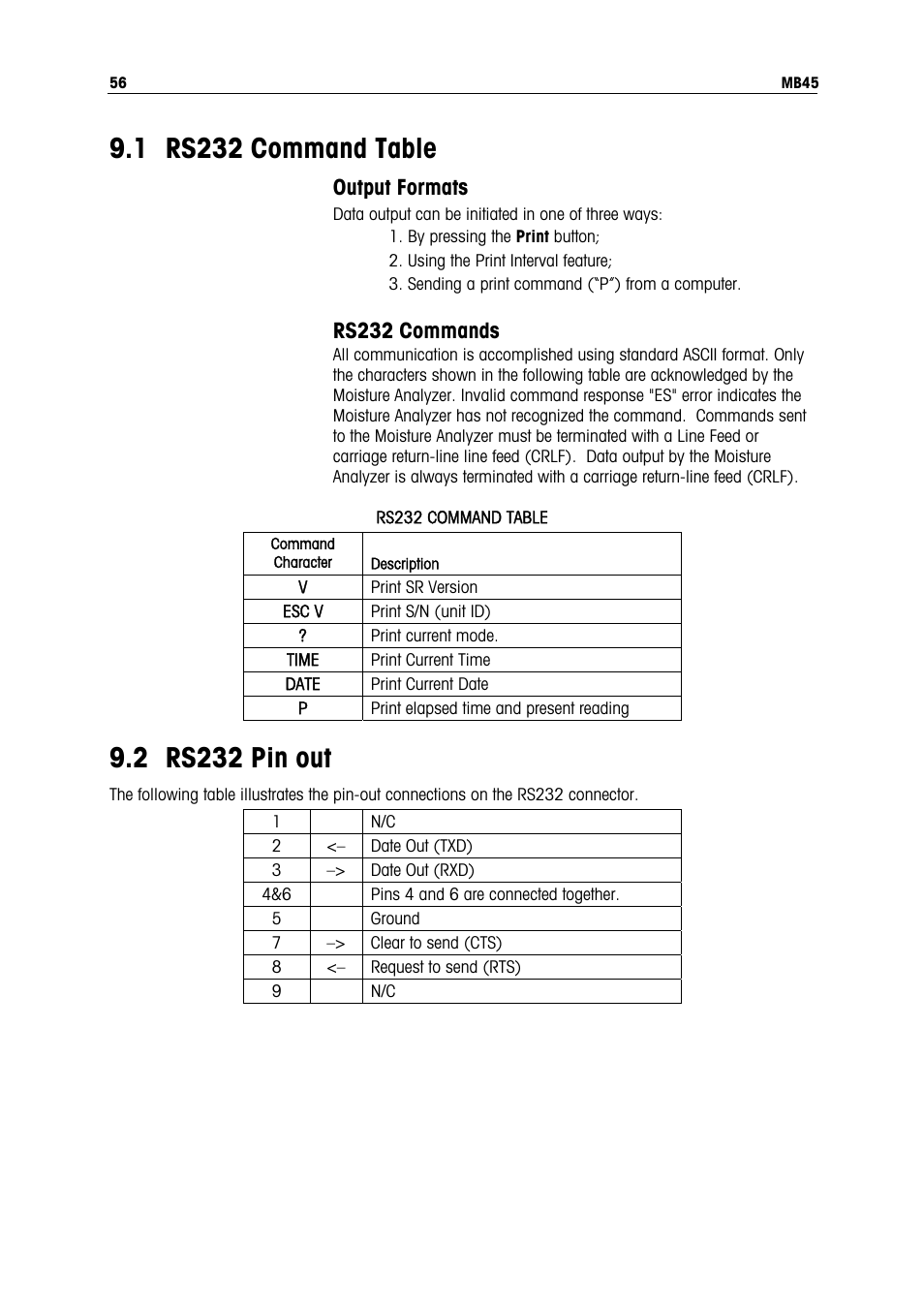 1 rs232 command table, 2 rs232 pin out, Output formats | Rs232 commands | Ohaus MB45 MOISTURE ANALYZER Manual User Manual | Page 58 / 70