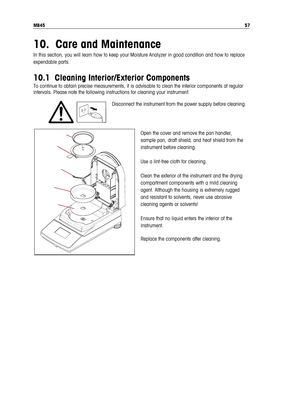 Care and maintenance, 1 cleaning interior/exterior components | Ohaus MB45 MOISTURE ANALYZER Manual User Manual | Page 59 / 70