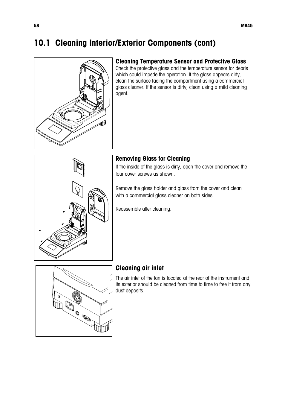1 cleaning interior/exterior components (cont) | Ohaus MB45 MOISTURE ANALYZER Manual User Manual | Page 60 / 70