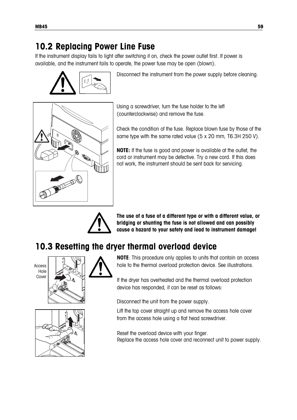 2 replacing power line fuse, 3 resetting the dryer thermal overload device | Ohaus MB45 MOISTURE ANALYZER Manual User Manual | Page 61 / 70