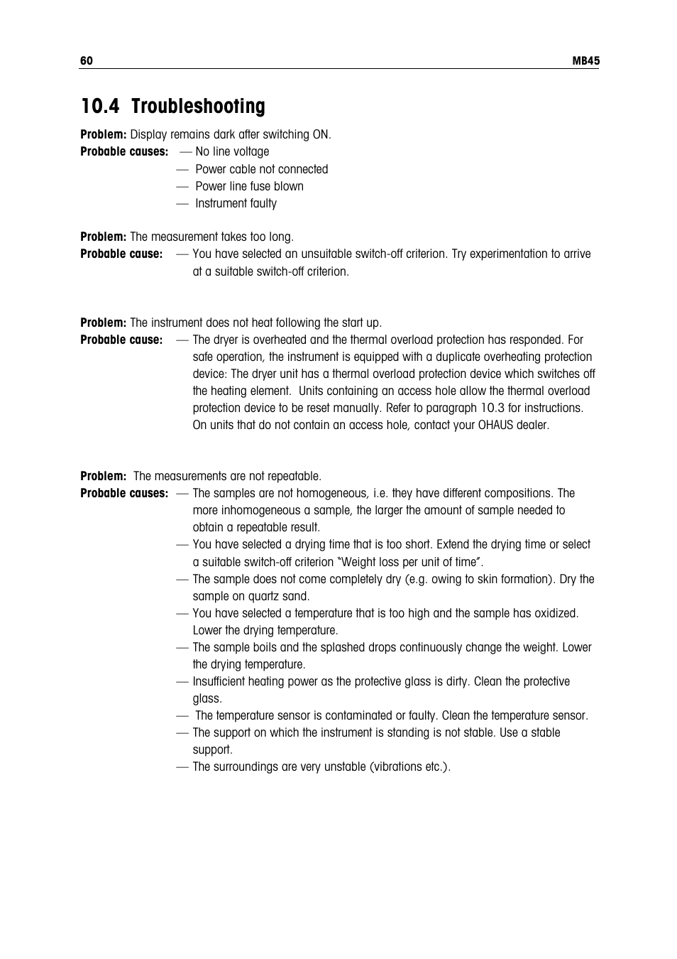 4 troubleshooting | Ohaus MB45 MOISTURE ANALYZER Manual User Manual | Page 62 / 70