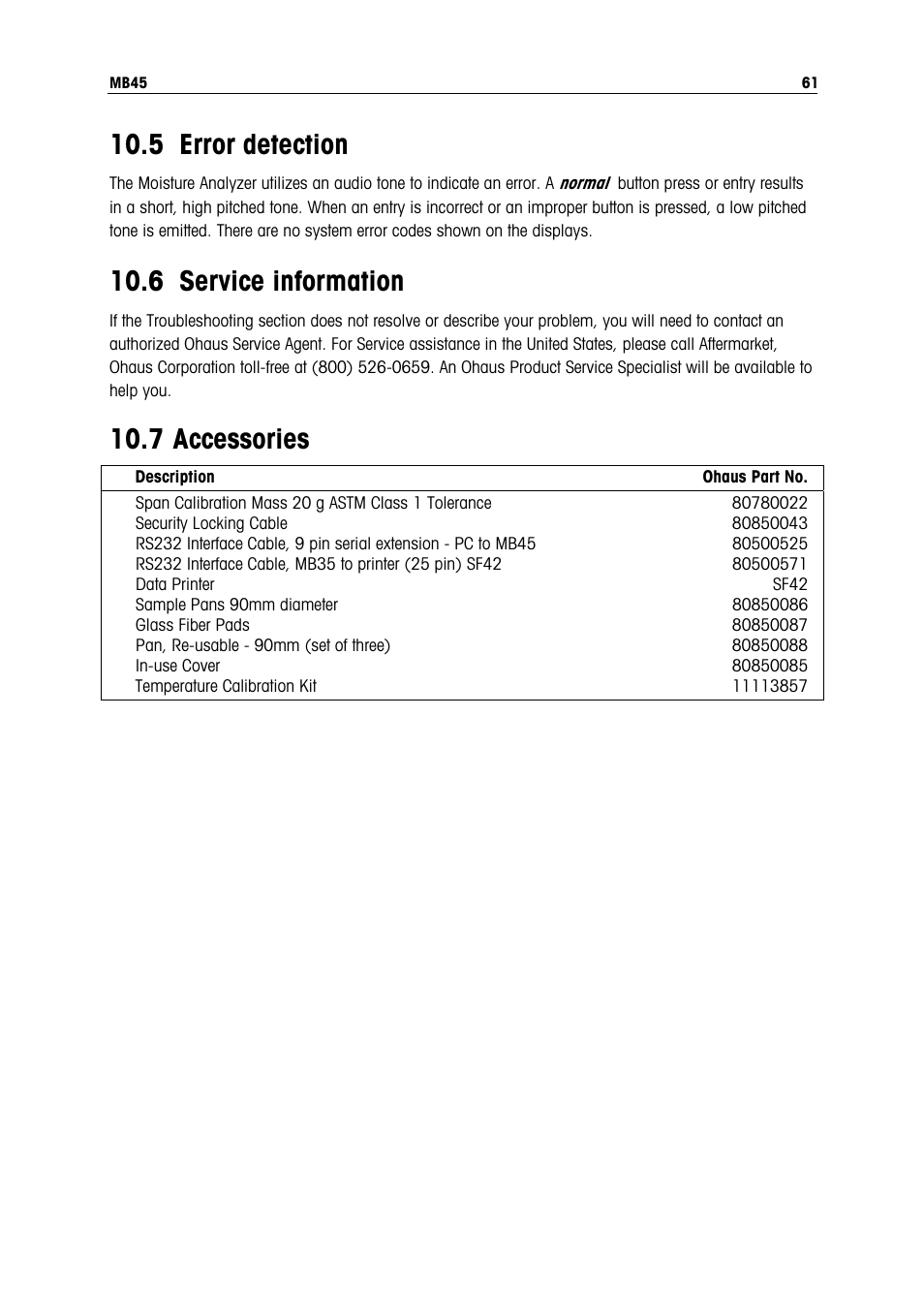 5 error detection, 6 service information, 7 accessories | Ohaus MB45 MOISTURE ANALYZER Manual User Manual | Page 63 / 70