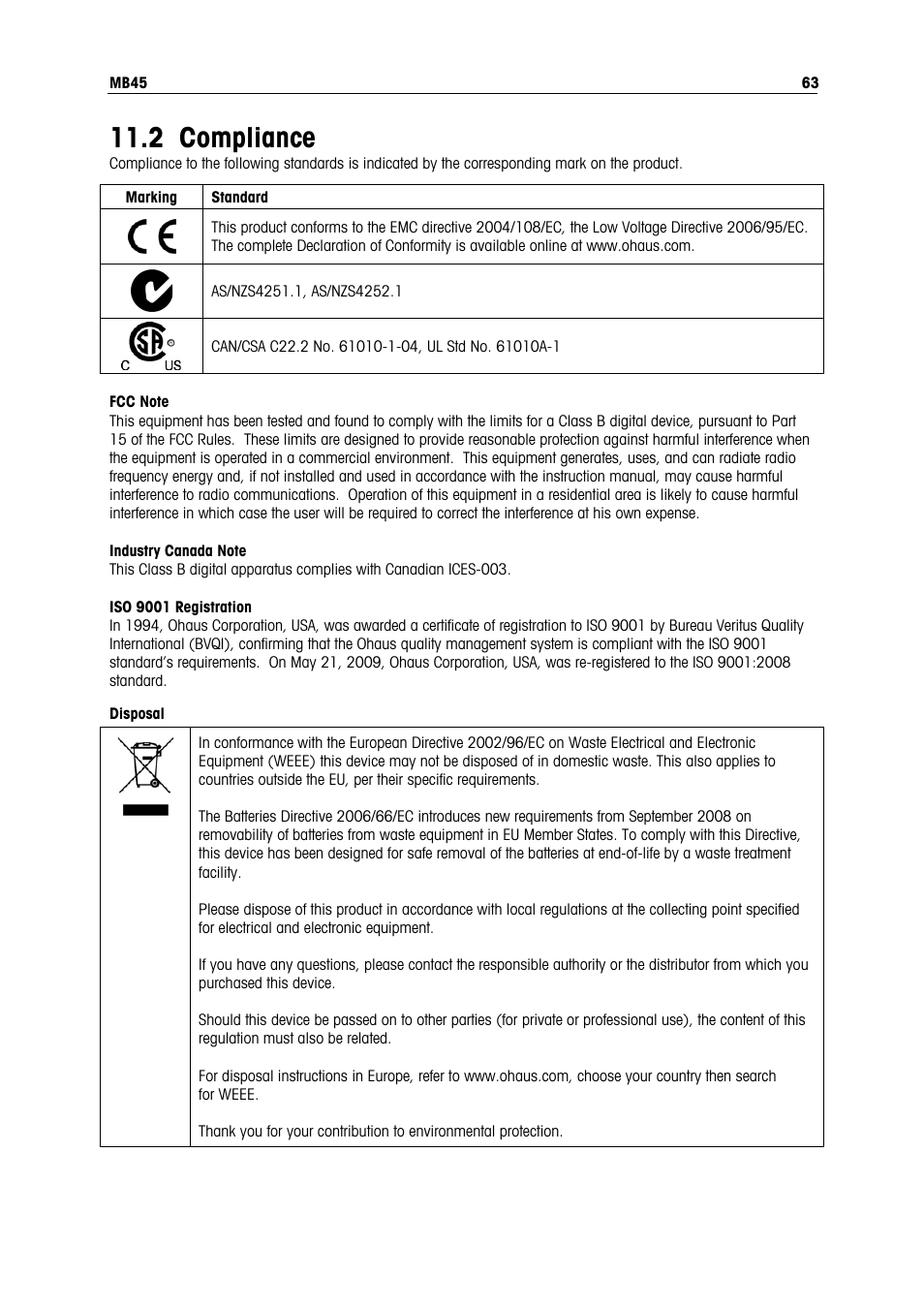 2 compliance | Ohaus MB45 MOISTURE ANALYZER Manual User Manual | Page 65 / 70