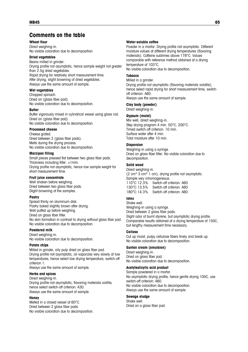 Comments on the table, Mb45 65, Clay body (powder) direct weighing-in | Ohaus MB45 MOISTURE ANALYZER Manual User Manual | Page 67 / 70