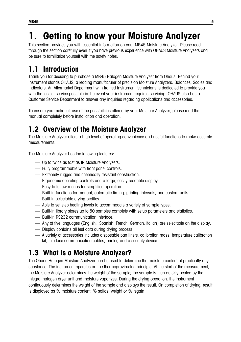 Getting to know your moisture analyzer, 1 introduction, 2 overview of the moisture analyzer | 3 what is a moisture analyzer | Ohaus MB45 MOISTURE ANALYZER Manual User Manual | Page 7 / 70