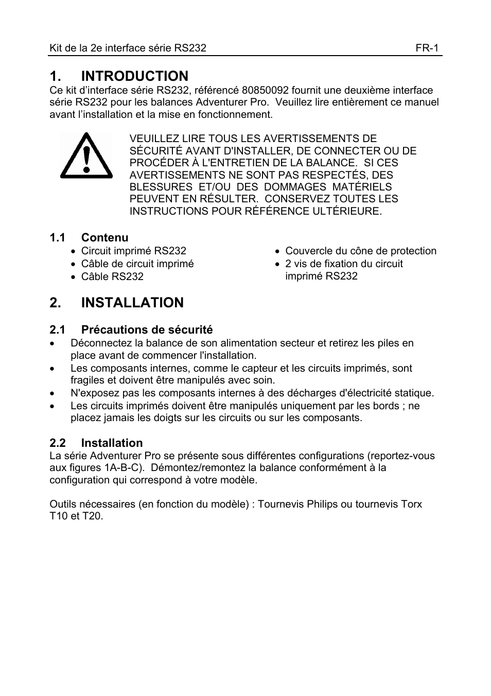 12103998_a_text_fr.pdf, Introduction, Installation | Ohaus CARAT PLUS PRECISION JEWELRY BALANCES 2nd RS232 Serial Interface Kit Manual multi User Manual | Page 11 / 24