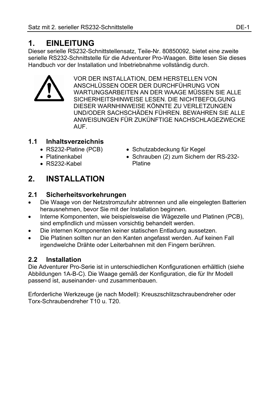 12103998_a_text_de.pdf, Einleitung, Installation | Ohaus CARAT PLUS PRECISION JEWELRY BALANCES 2nd RS232 Serial Interface Kit Manual multi User Manual | Page 15 / 24