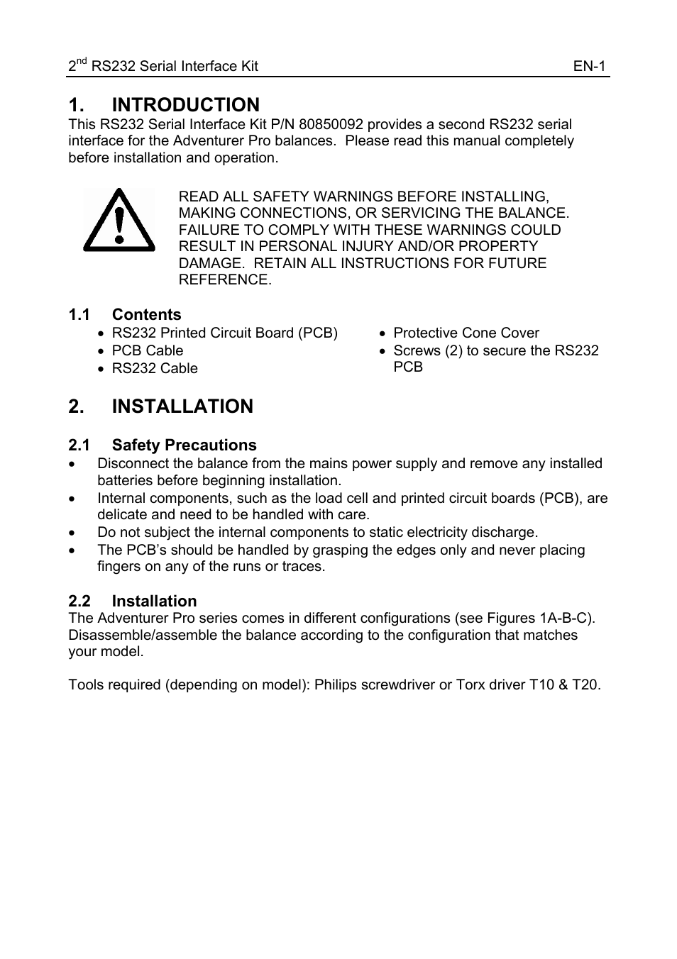 12103998_a_text_en.pdf, Introduction, Installation | Ohaus CARAT PLUS PRECISION JEWELRY BALANCES 2nd RS232 Serial Interface Kit Manual multi User Manual | Page 3 / 24