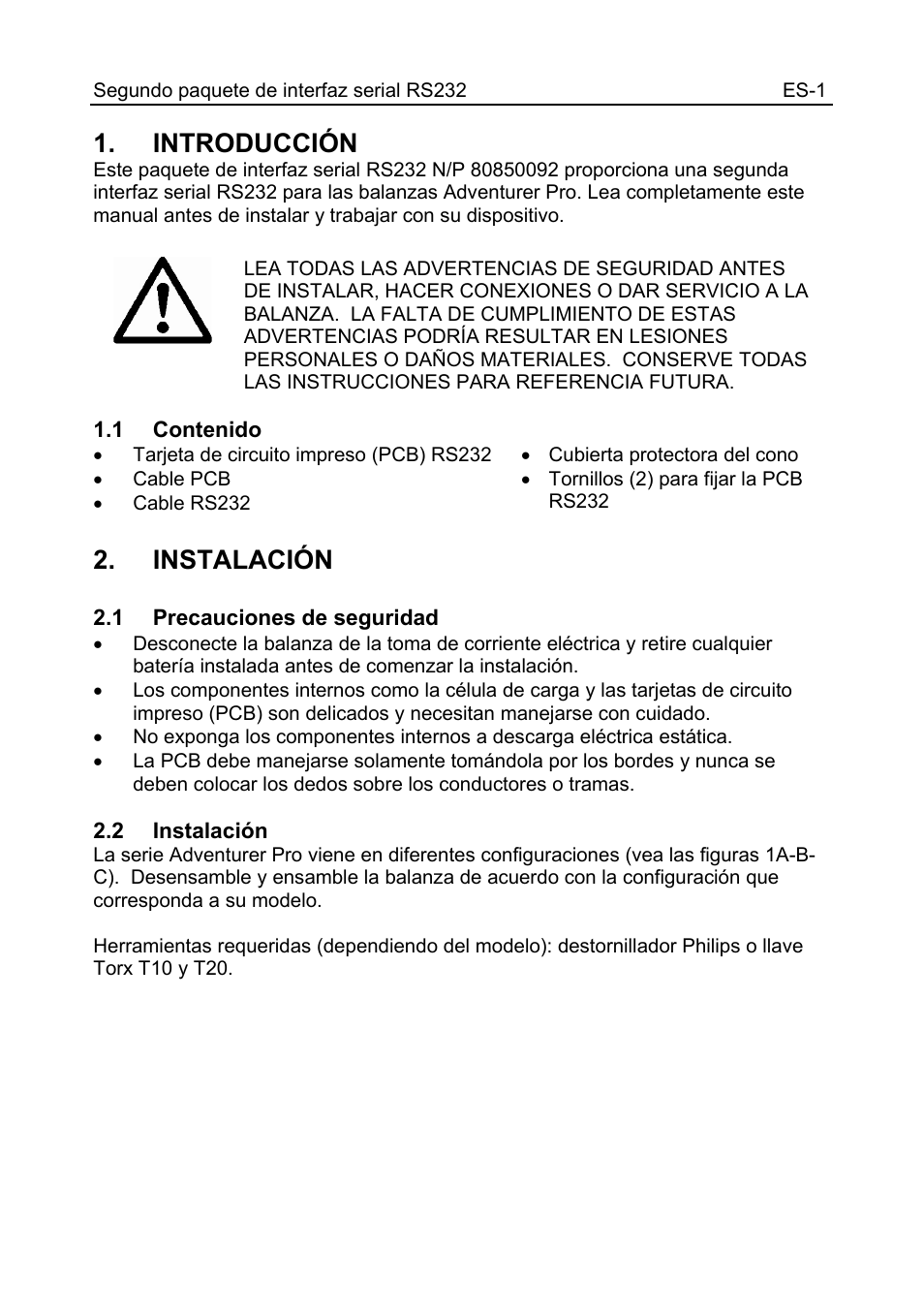 12103998_a_text_es.pdf, Introducción, Instalación | Ohaus CARAT PLUS PRECISION JEWELRY BALANCES 2nd RS232 Serial Interface Kit Manual multi User Manual | Page 7 / 24