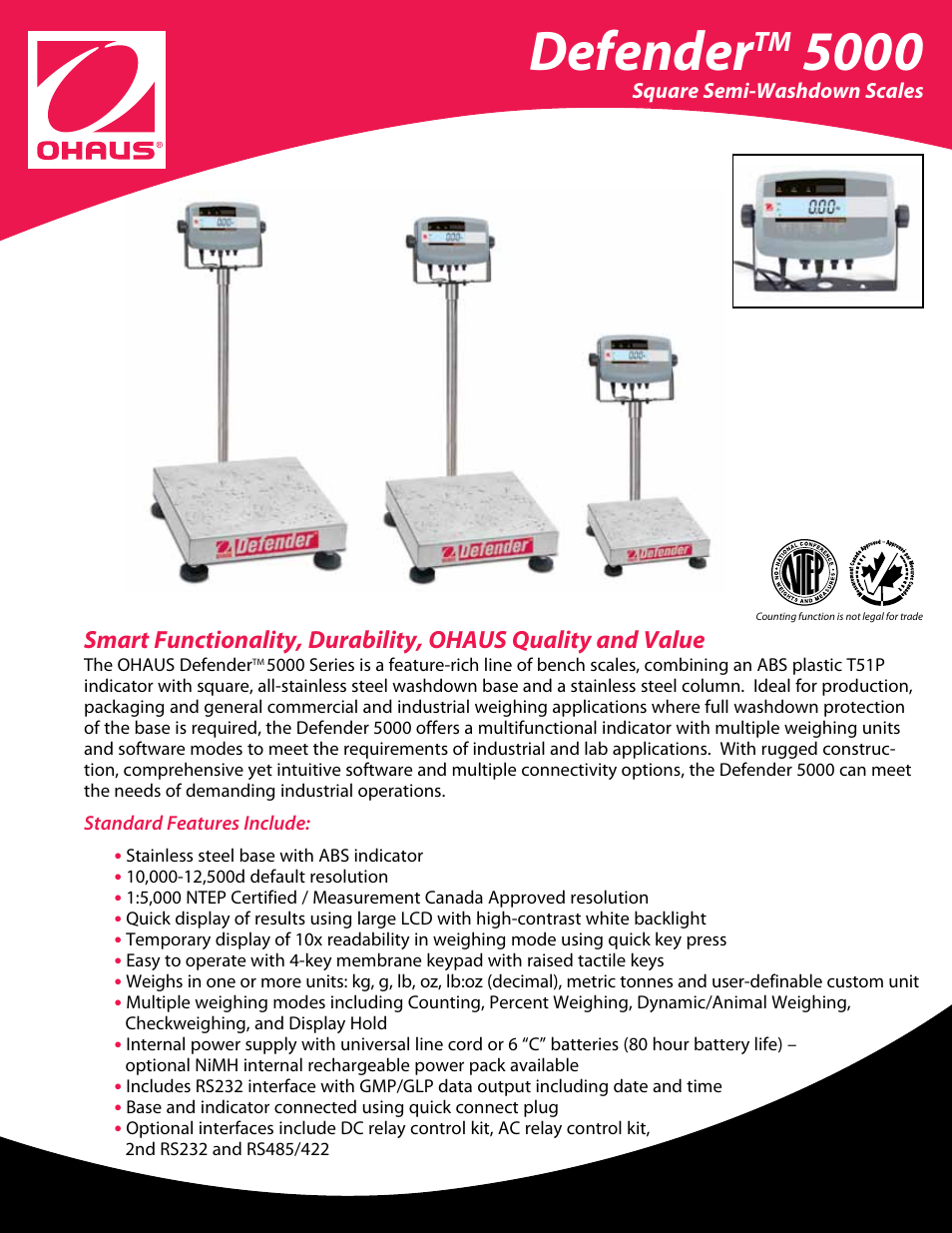 Ohaus DEFENDER 5000 Semi-Washdown Scales Data Sheet User Manual | 4 pages