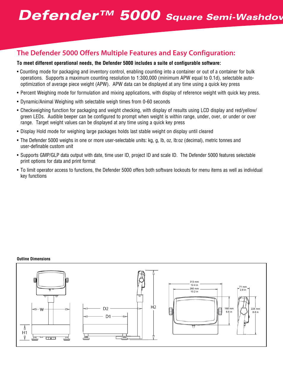 Defender, Square semi-washdown scales | Ohaus DEFENDER 5000 Semi-Washdown Scales Data Sheet User Manual | Page 2 / 4