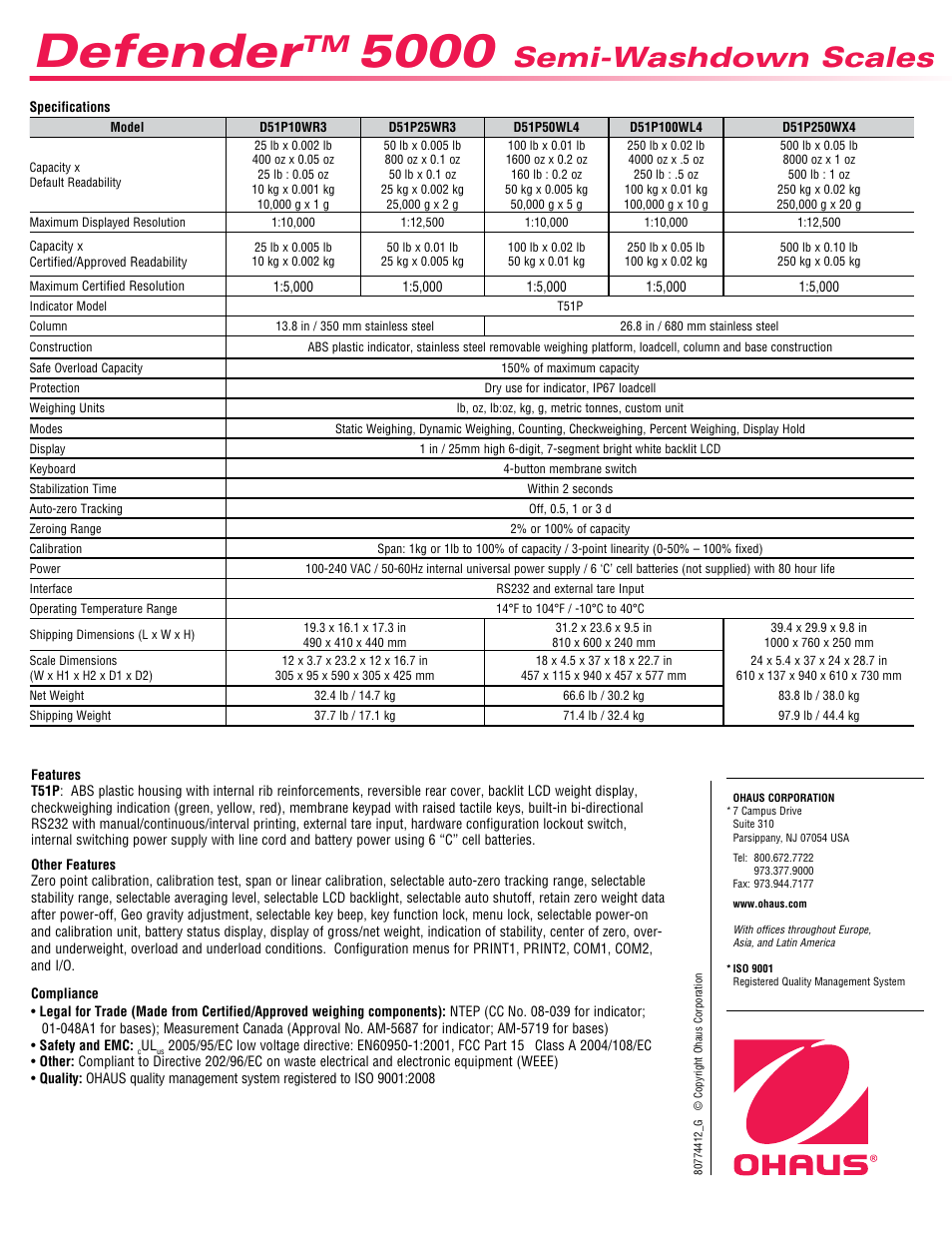 Defender, Semi-washdown scales | Ohaus DEFENDER 5000 Semi-Washdown Scales Data Sheet User Manual | Page 4 / 4