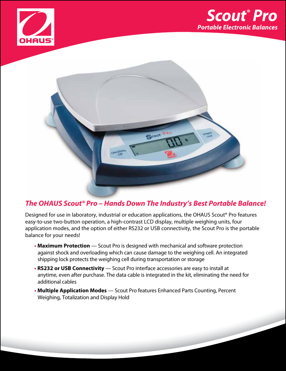 Ohaus SCOUT PRO PORTABLE BALANCES Data Sheet User Manual | 4 pages