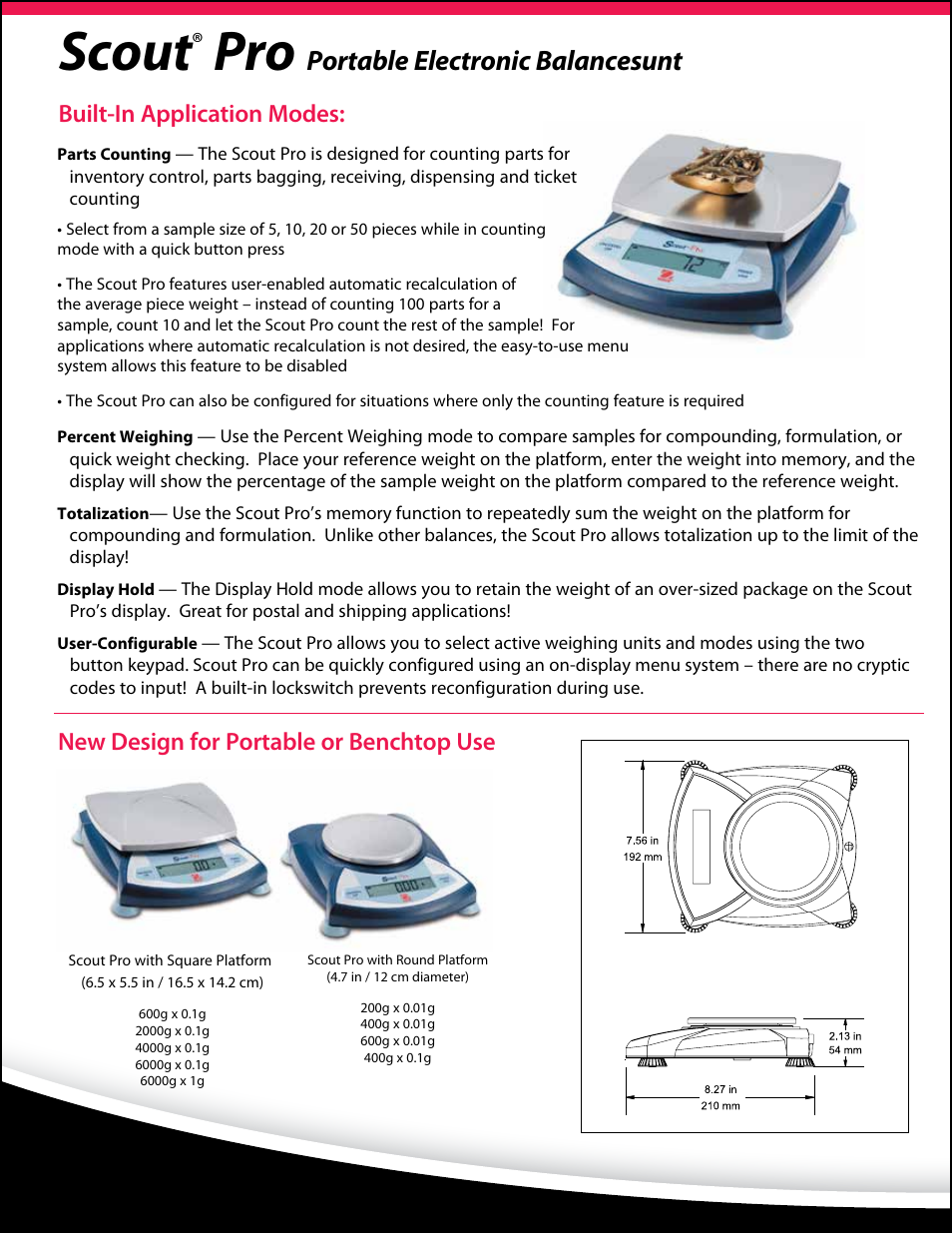 Scout, Portable electronic balancesunt, Built-in application modes | New design for portable or benchtop use | Ohaus SCOUT PRO PORTABLE BALANCES Data Sheet User Manual | Page 2 / 4