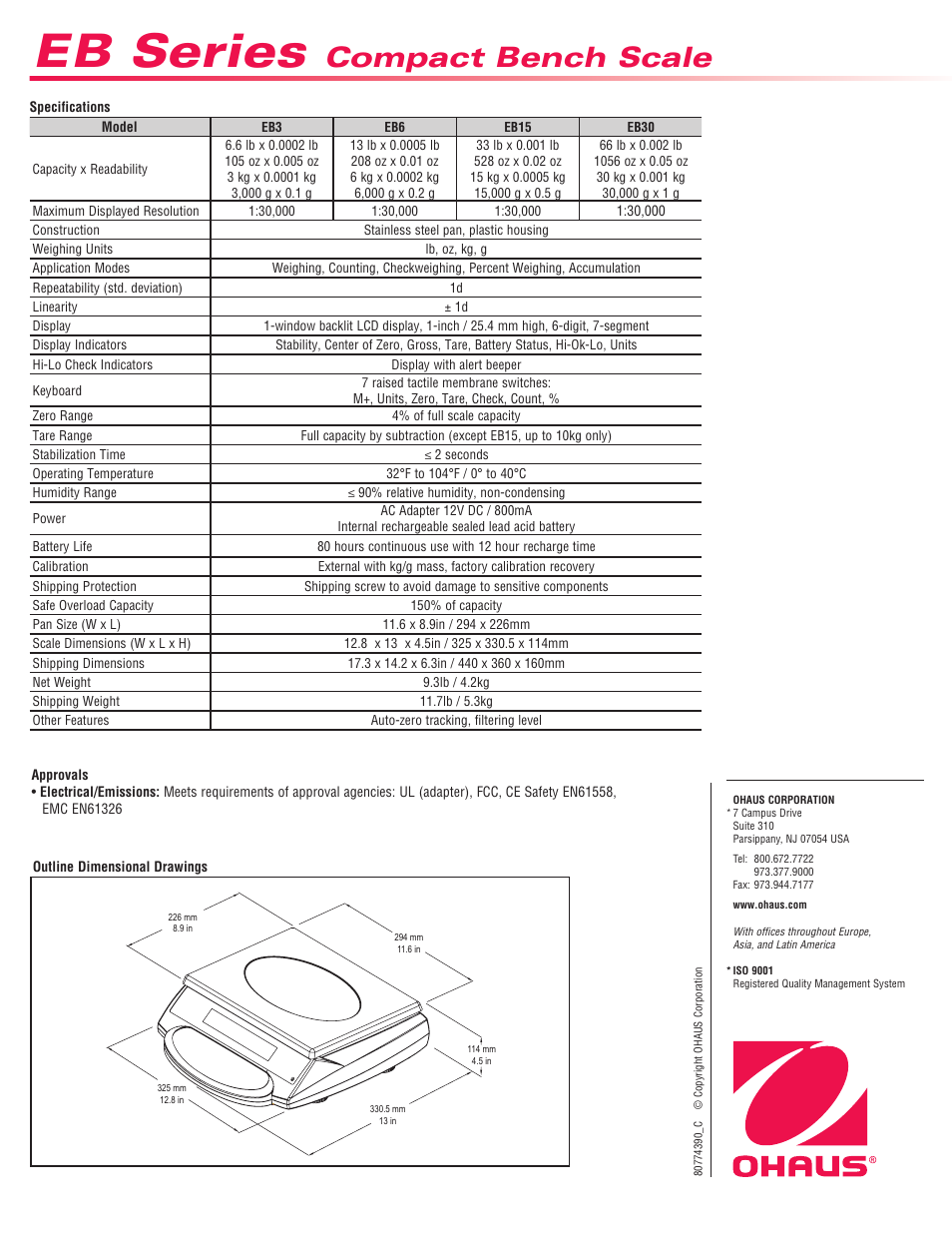 Eb series, Compact bench scale | Ohaus EB COMPACT SCALES Data Sheet User Manual | Page 2 / 2