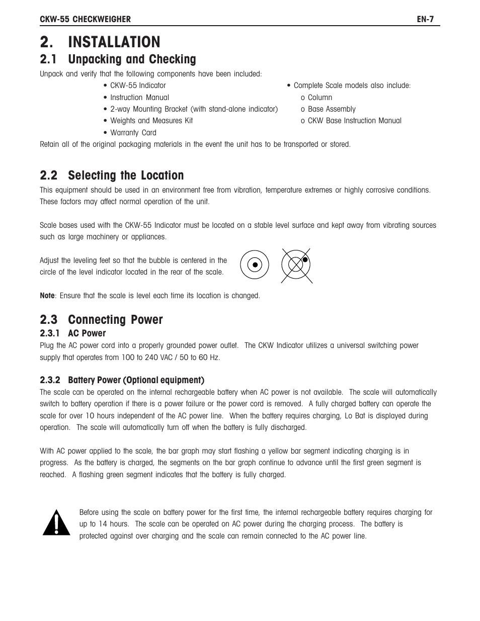 Installation, 1 unpacking and checking, 2 selecting the location | 3 connecting power | Ohaus CKW WASHDOWN CHECKWEIGHING SCALES_INDICATOR Manual en User Manual | Page 11 / 68