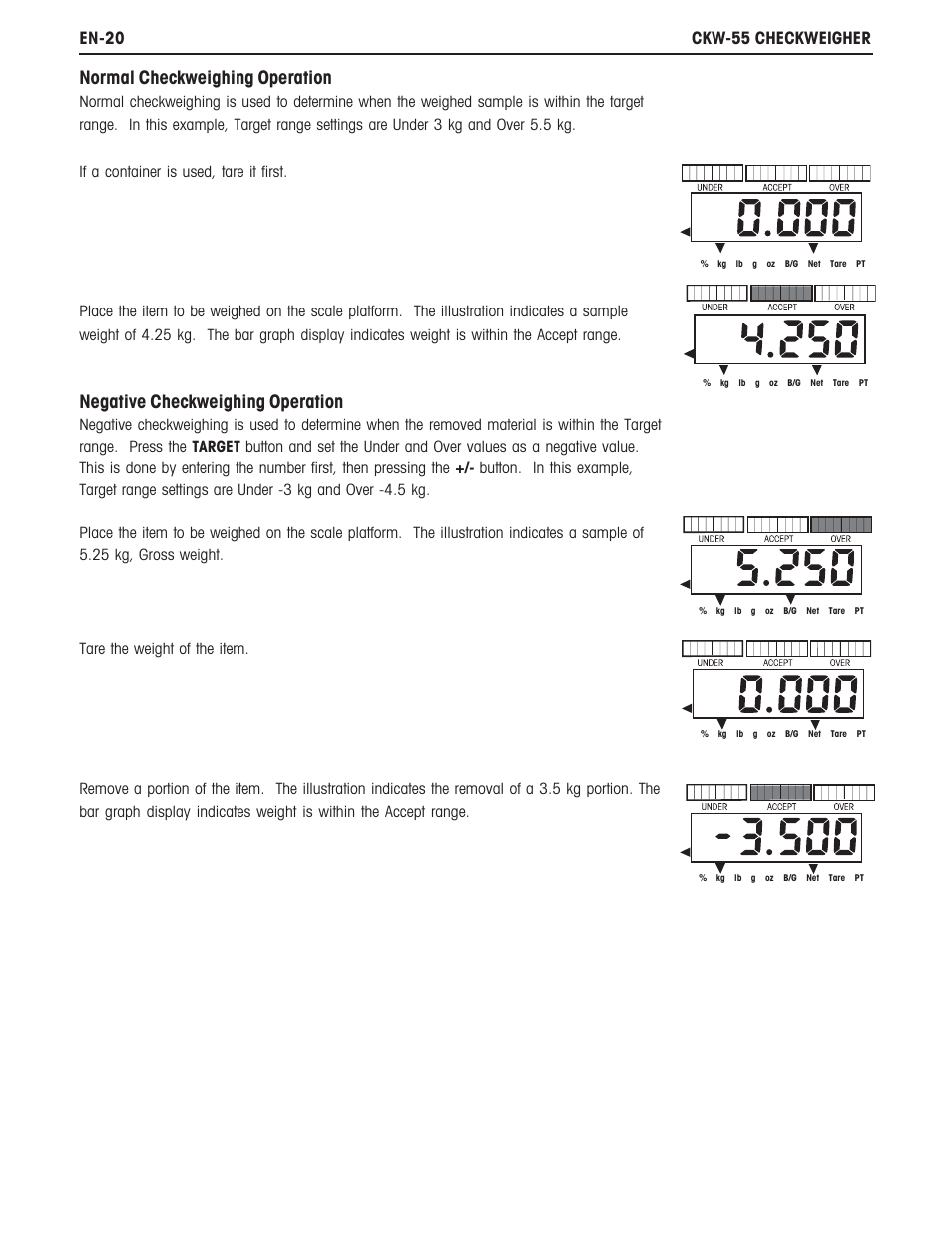 Normal checkweighing operation, Negative checkweighing operation | Ohaus CKW WASHDOWN CHECKWEIGHING SCALES_INDICATOR Manual en User Manual | Page 24 / 68