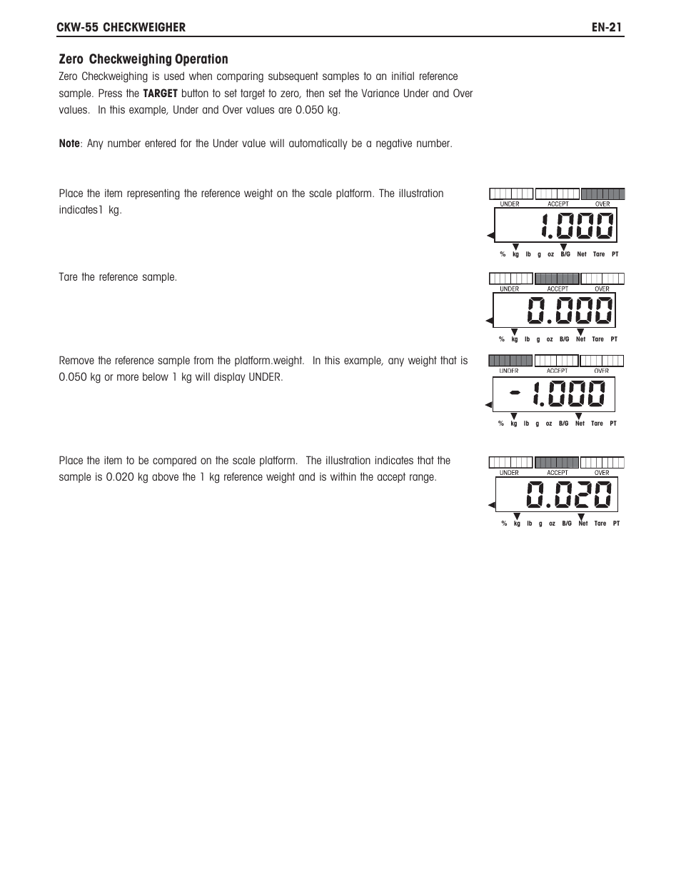 Zero checkweighing operation | Ohaus CKW WASHDOWN CHECKWEIGHING SCALES_INDICATOR Manual en User Manual | Page 25 / 68