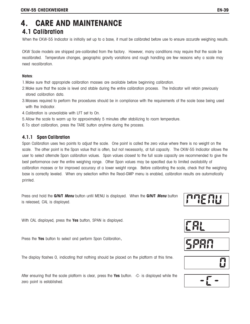 Care and maintenance, 1 calibration | Ohaus CKW WASHDOWN CHECKWEIGHING SCALES_INDICATOR Manual en User Manual | Page 43 / 68