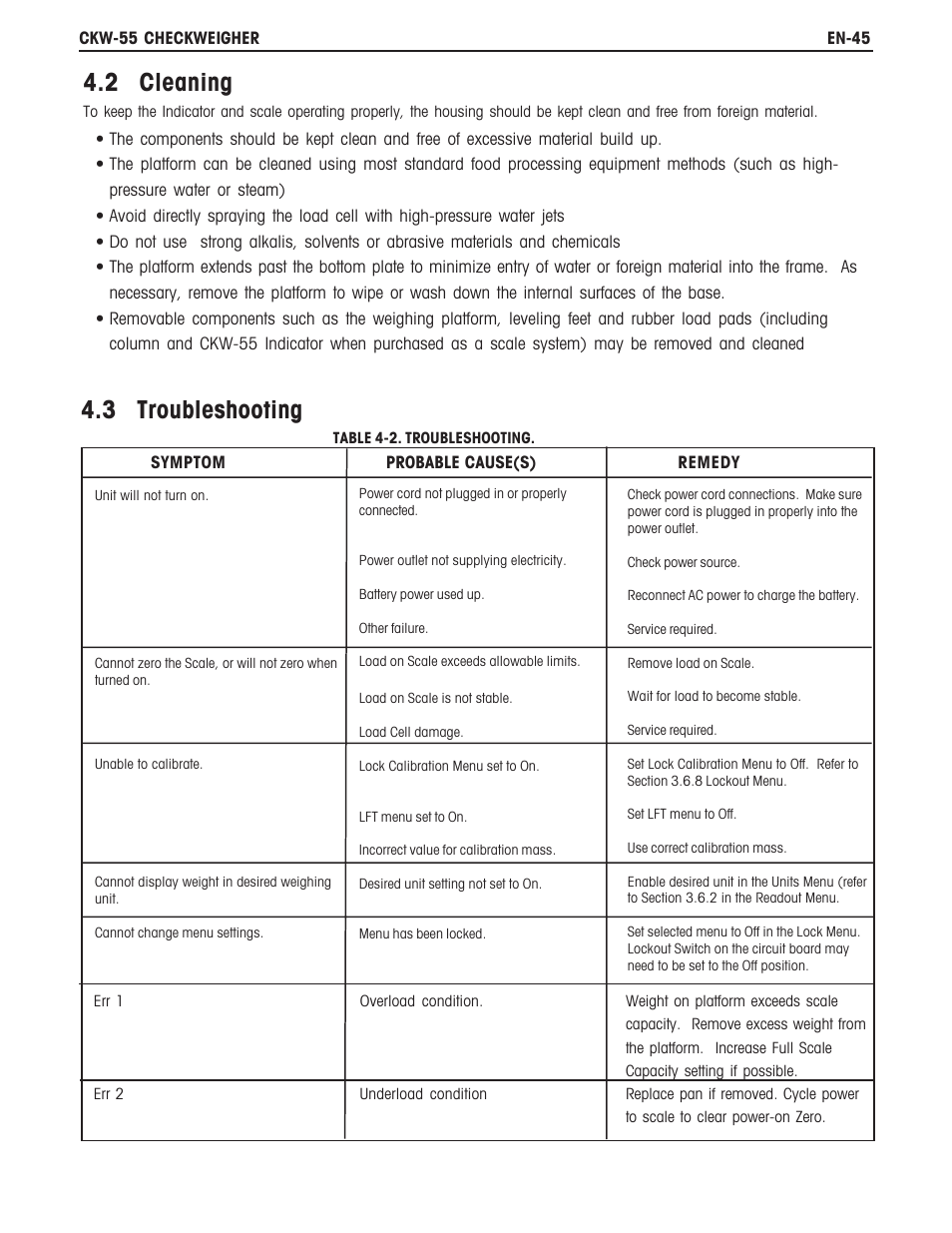 3 troubleshooting, 2 cleaning | Ohaus CKW WASHDOWN CHECKWEIGHING SCALES_INDICATOR Manual en User Manual | Page 49 / 68