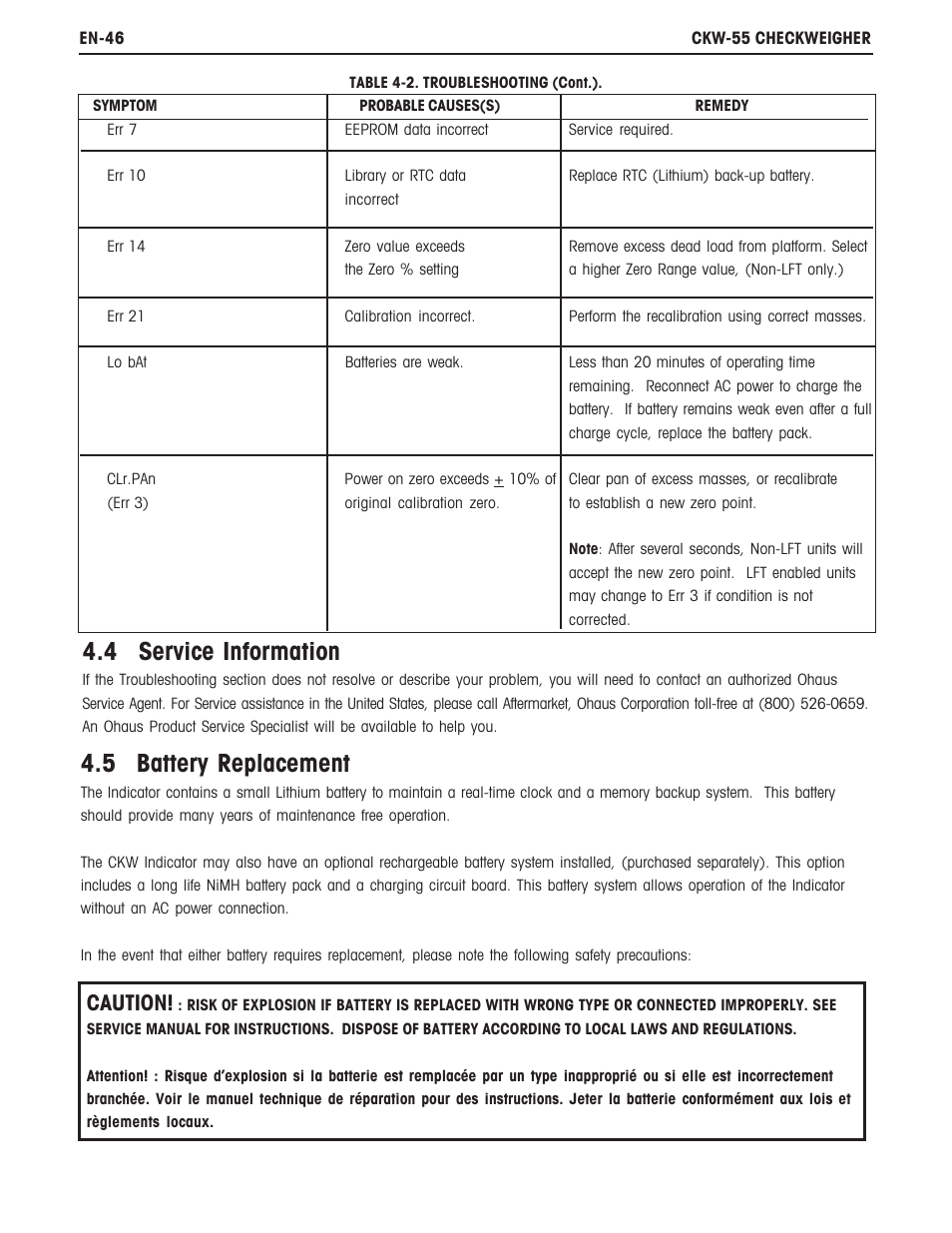 4 service information, 5 battery replacement, Caution | Ohaus CKW WASHDOWN CHECKWEIGHING SCALES_INDICATOR Manual en User Manual | Page 50 / 68