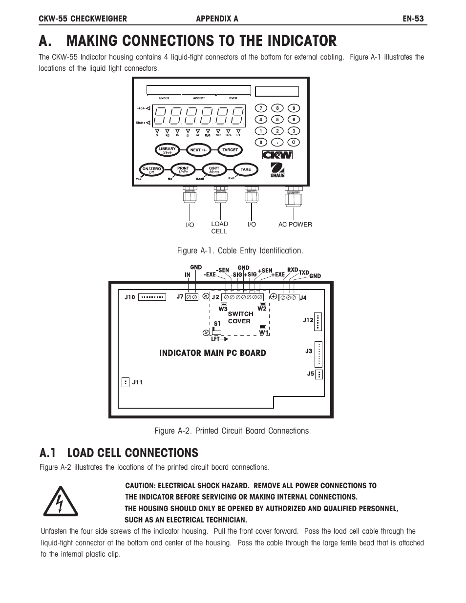 A. making connections to the indicator, A.1 load cell connections | Ohaus CKW WASHDOWN CHECKWEIGHING SCALES_INDICATOR Manual en User Manual | Page 57 / 68