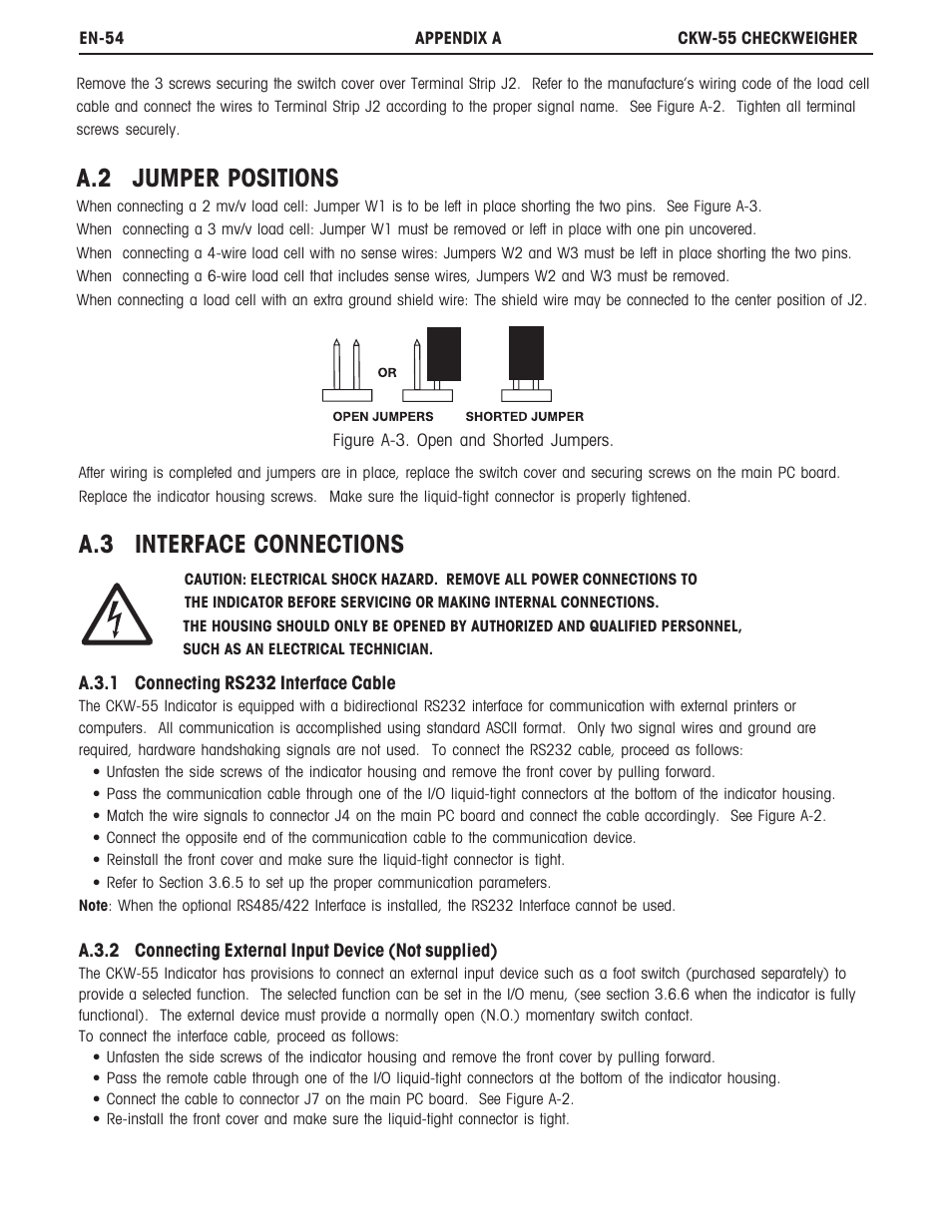 A.2 jumper positions, A.3 interface connections | Ohaus CKW WASHDOWN CHECKWEIGHING SCALES_INDICATOR Manual en User Manual | Page 58 / 68