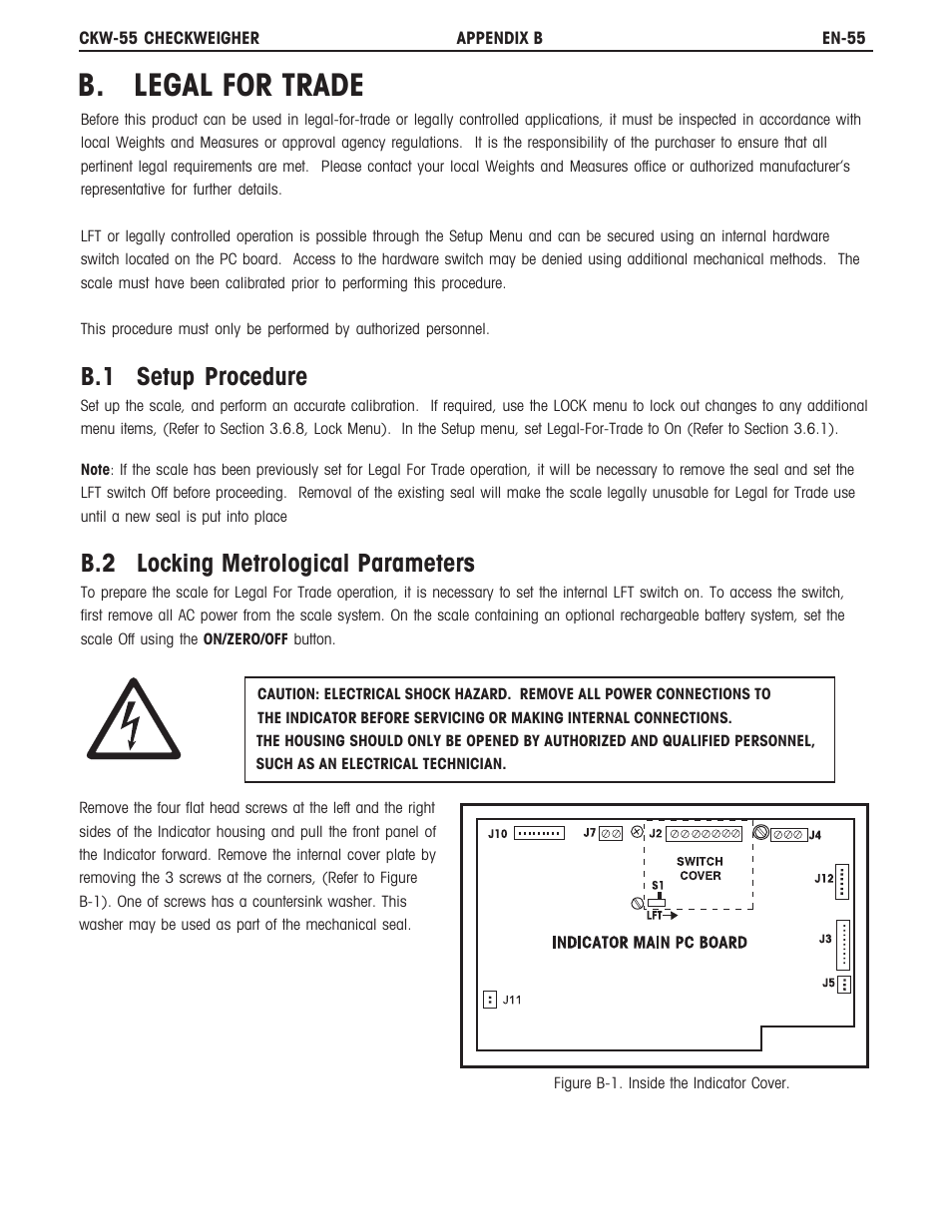 B. legal for trade, B.1 setup procedure, B.2 locking metrological parameters | Ohaus CKW WASHDOWN CHECKWEIGHING SCALES_INDICATOR Manual en User Manual | Page 59 / 68