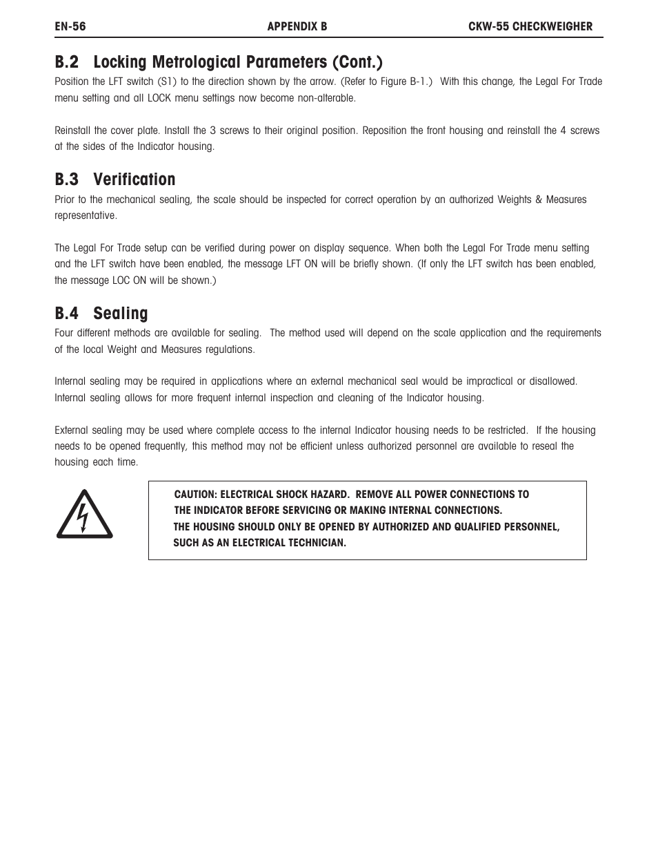 B.2 locking metrological parameters (cont.), B.3 verification, B.4 sealing | Ohaus CKW WASHDOWN CHECKWEIGHING SCALES_INDICATOR Manual en User Manual | Page 60 / 68