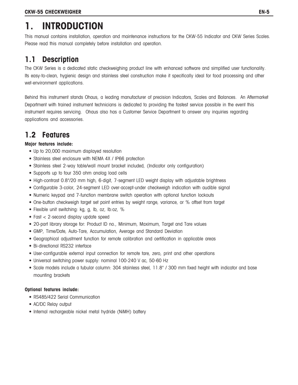 Introduction, 1 description, 2 features | Ohaus CKW WASHDOWN CHECKWEIGHING SCALES_INDICATOR Manual en User Manual | Page 9 / 68