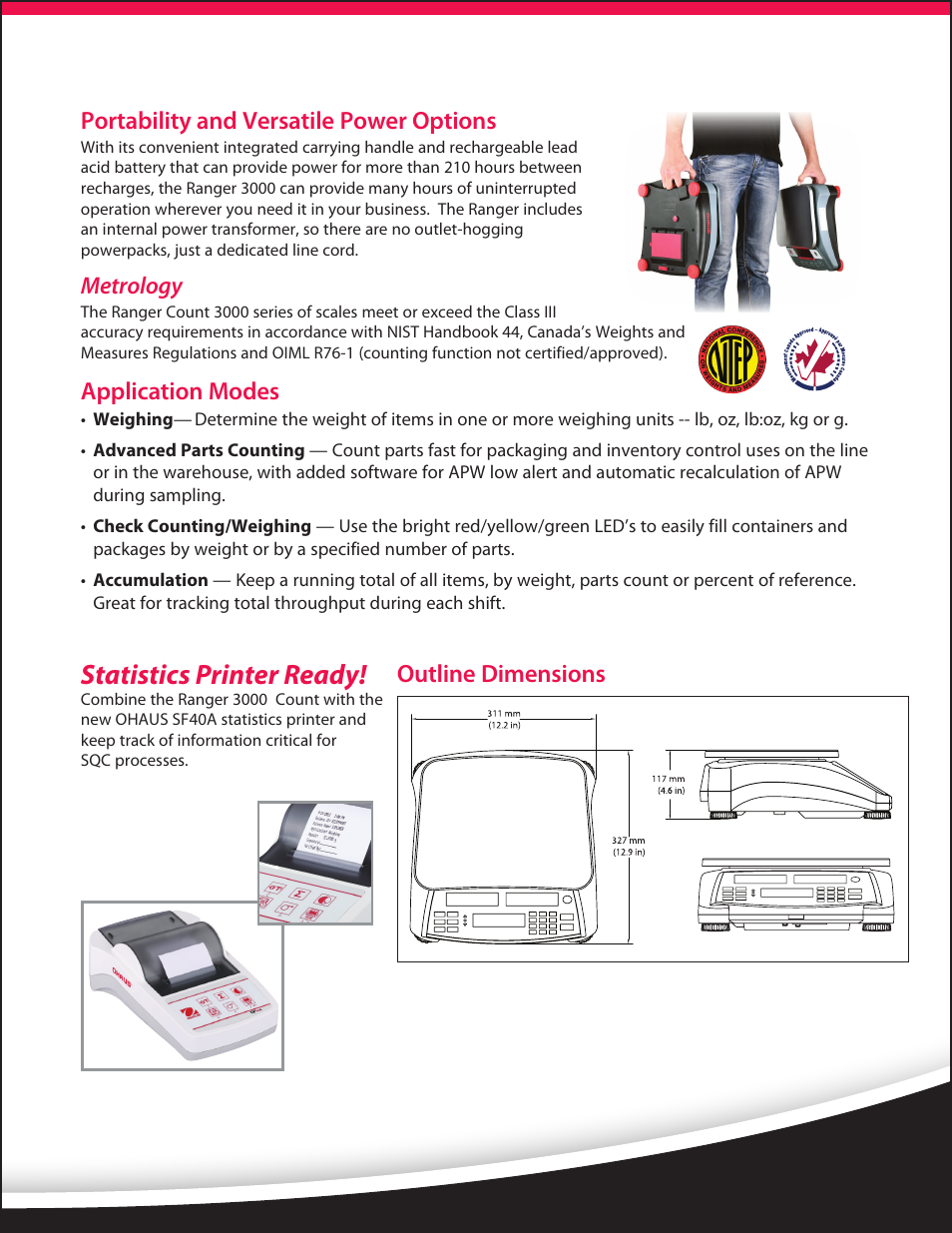 Statistics printer ready, Portability and versatile power options, Metrology | Application modes, Outline dimensions | Ohaus RANGER COUNT 3000 COMPACT COUNTING SCALES Data Sheet User Manual | Page 3 / 4