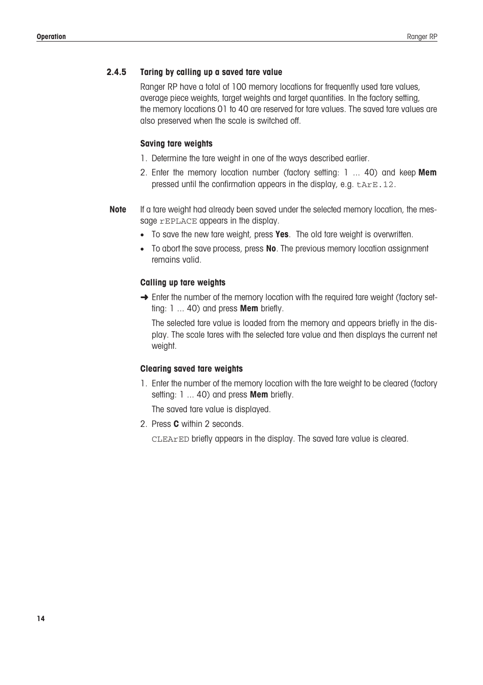 5 taring by calling up a saved tare value | Ohaus RANGER ADVANCED COMPACT COUNTING SCALES Manual en User Manual | Page 14 / 72