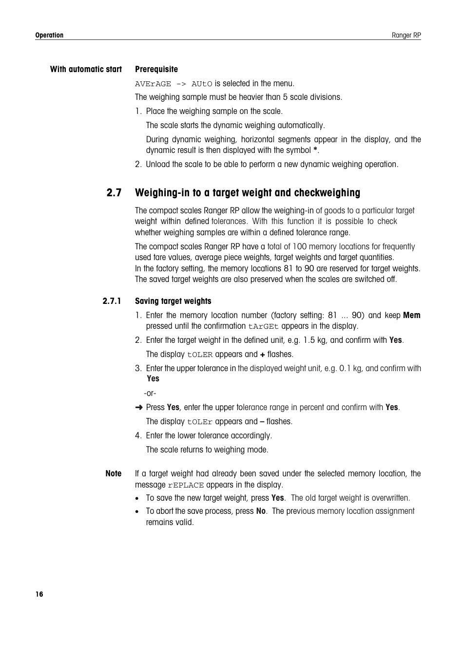 7 weighing-in to a target weight and checkweighing, 1 saving target weights, Weighing-in to a target weight and checkweighing | Ohaus RANGER ADVANCED COMPACT COUNTING SCALES Manual en User Manual | Page 16 / 72