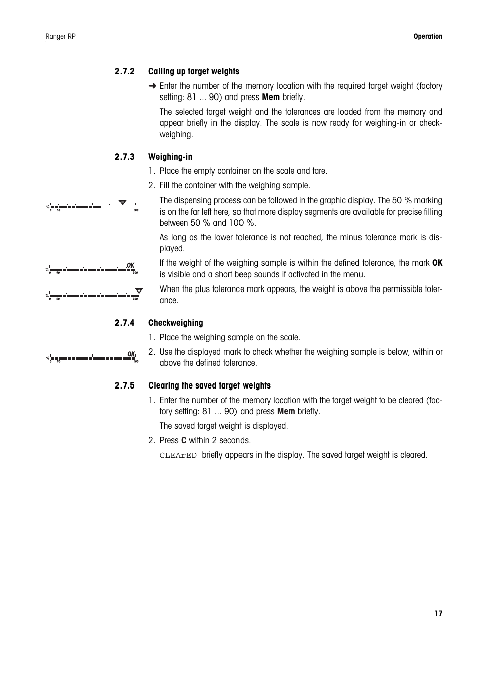 2 calling up target weights, 3 weighing-in, 4 checkweighing | 5 clearing the saved target weights | Ohaus RANGER ADVANCED COMPACT COUNTING SCALES Manual en User Manual | Page 17 / 72