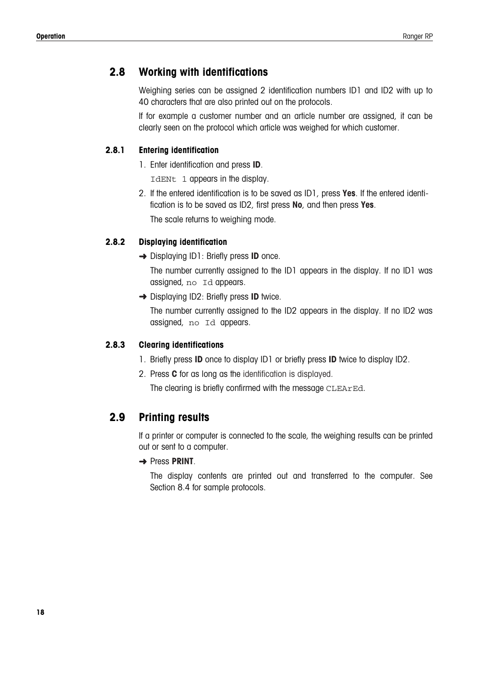 8 working with identifications, 1 entering identification, 2 displaying identification | 3 clearing identifications, 9 printing results, Working with identifications, Printing results | Ohaus RANGER ADVANCED COMPACT COUNTING SCALES Manual en User Manual | Page 18 / 72