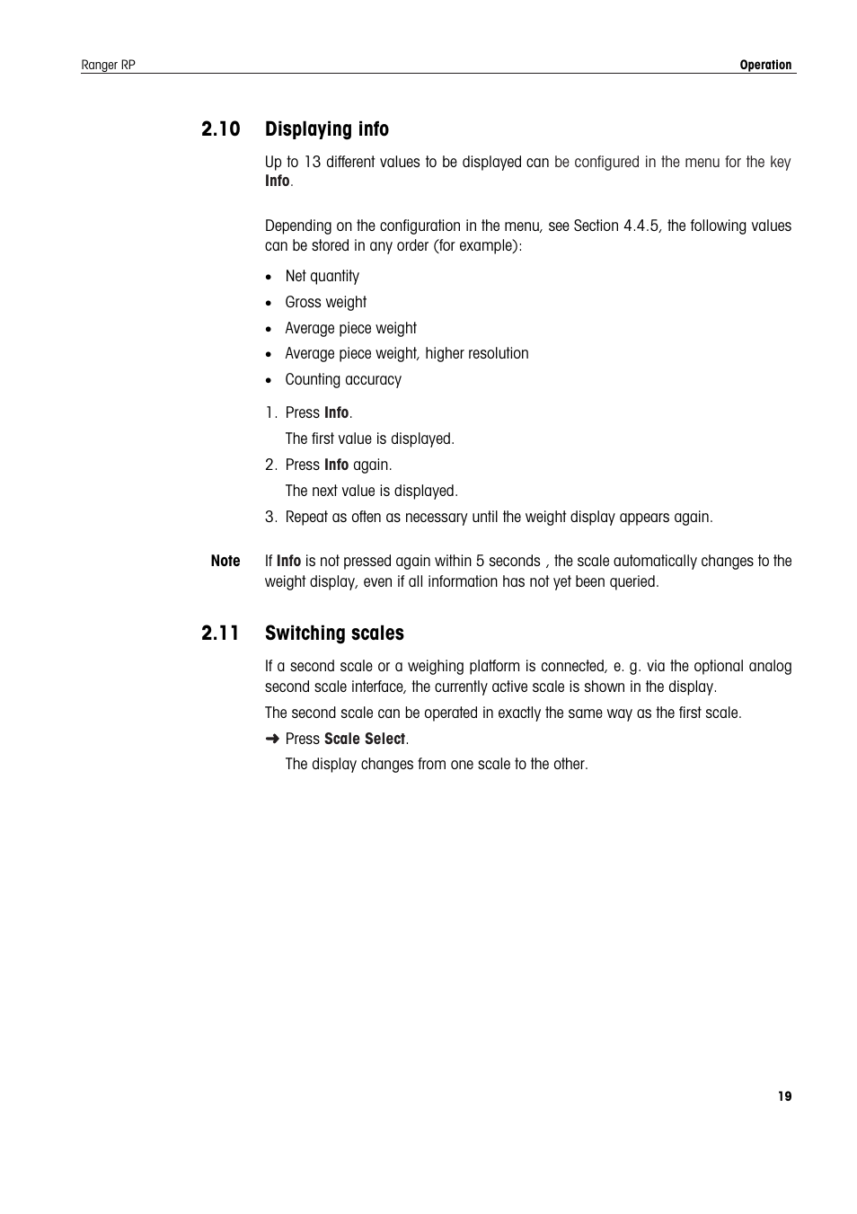 10 displaying info, 11 switching scales, Displaying info | Switching scales | Ohaus RANGER ADVANCED COMPACT COUNTING SCALES Manual en User Manual | Page 19 / 72
