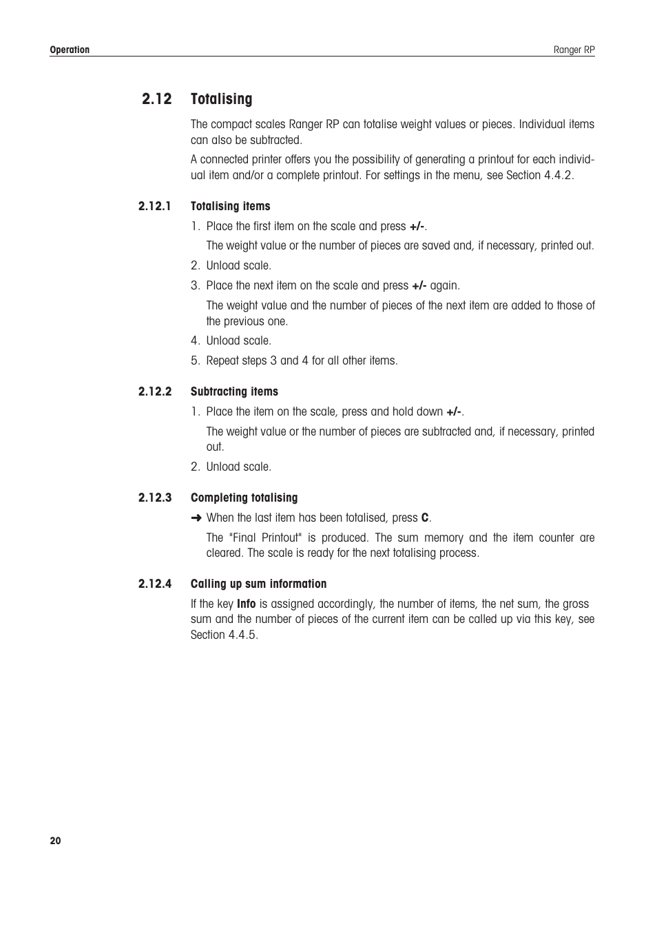 12 totalising, 1 totalising items, 2 subtracting items | 3 completing totalising, 4 calling up sum information, Totalising | Ohaus RANGER ADVANCED COMPACT COUNTING SCALES Manual en User Manual | Page 20 / 72