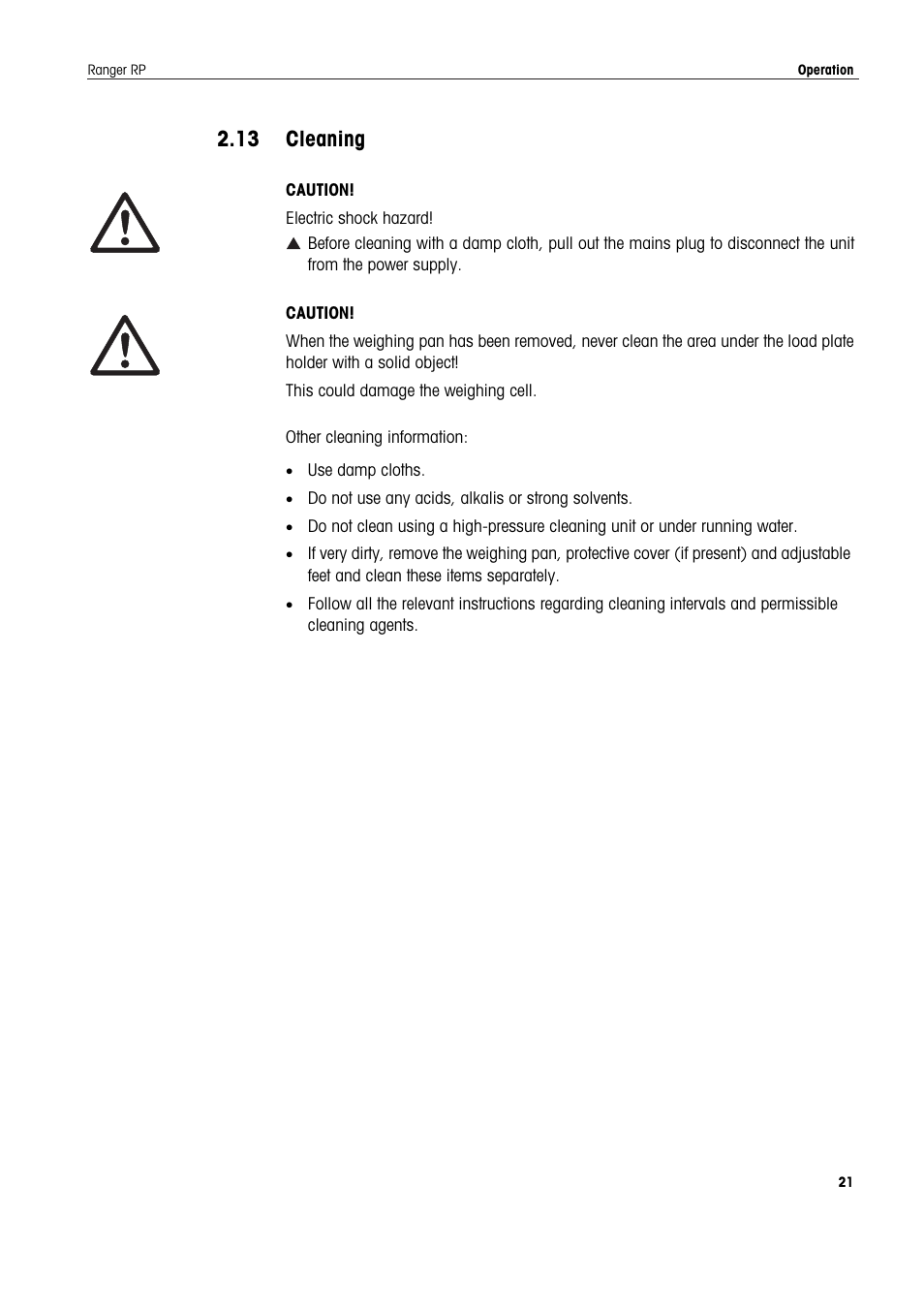 13 cleaning, Cleaning | Ohaus RANGER ADVANCED COMPACT COUNTING SCALES Manual en User Manual | Page 21 / 72