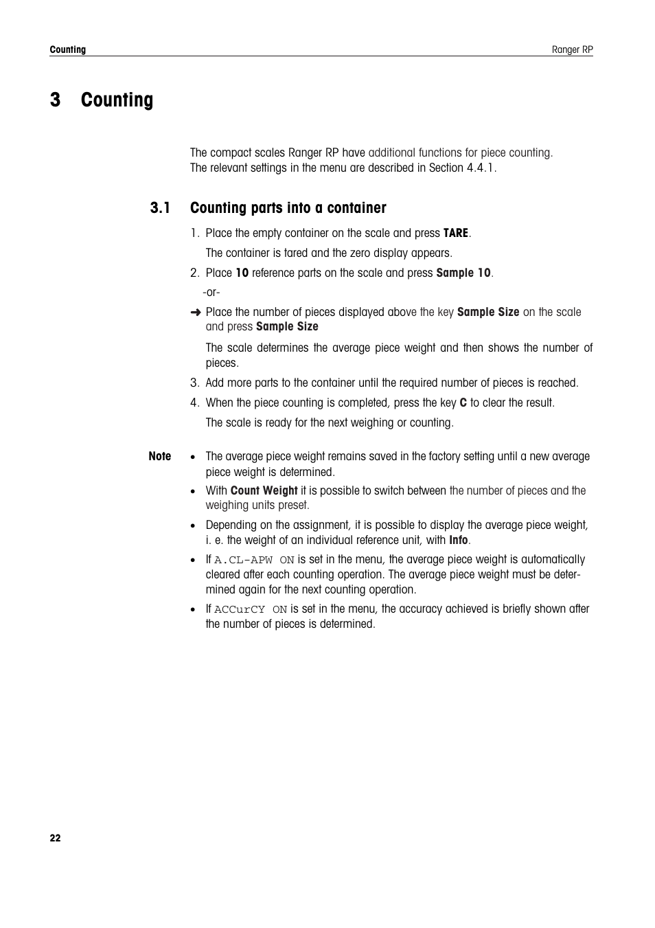 3 counting, 1 counting parts into a container, Counting | Counting parts into a container | Ohaus RANGER ADVANCED COMPACT COUNTING SCALES Manual en User Manual | Page 22 / 72
