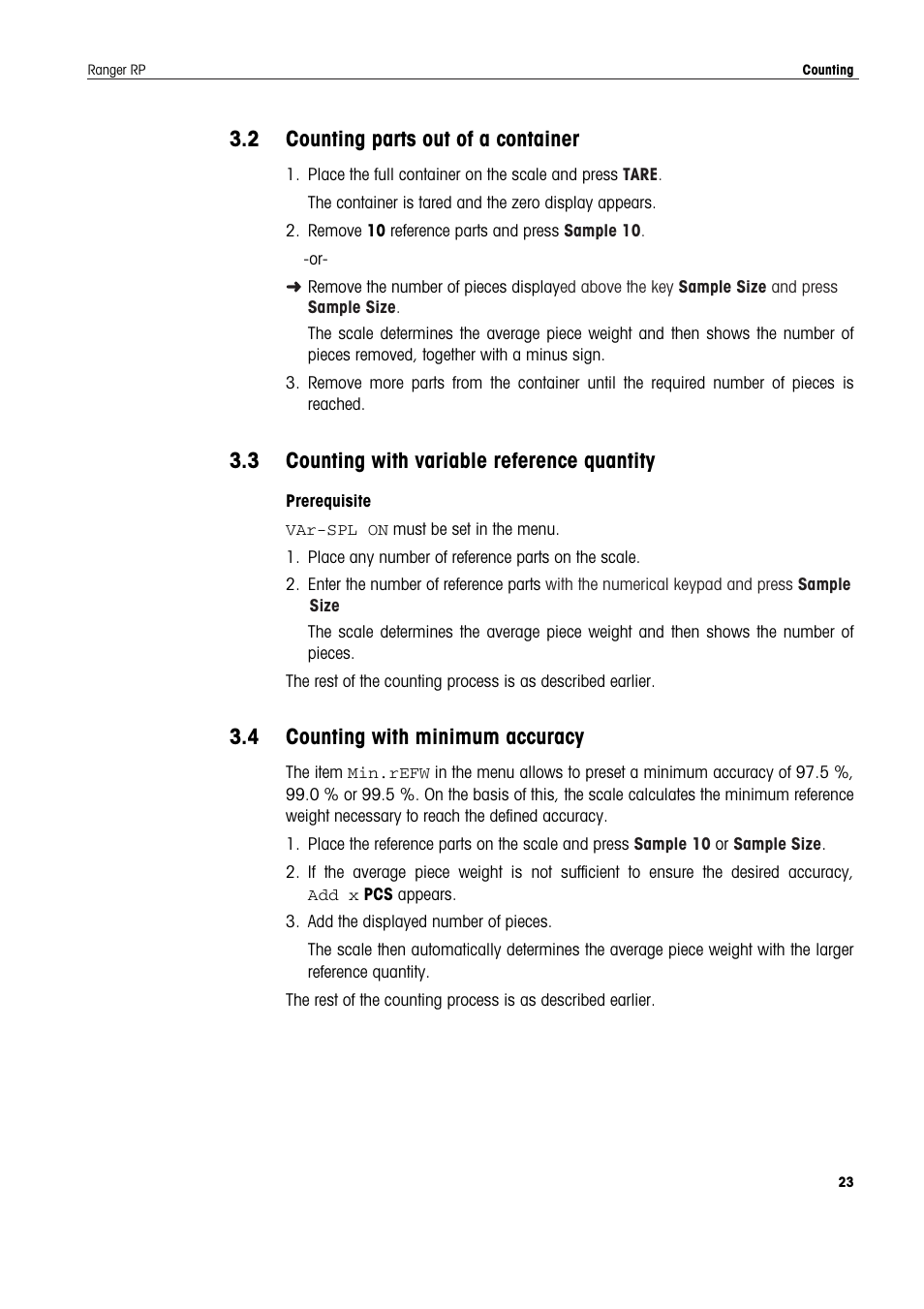 2 counting parts out of a container, 3 counting with variable reference quantity, 4 counting with minimum accuracy | Counting parts out of a container, Counting with variable reference quantity, Counting with minimum accuracy | Ohaus RANGER ADVANCED COMPACT COUNTING SCALES Manual en User Manual | Page 23 / 72