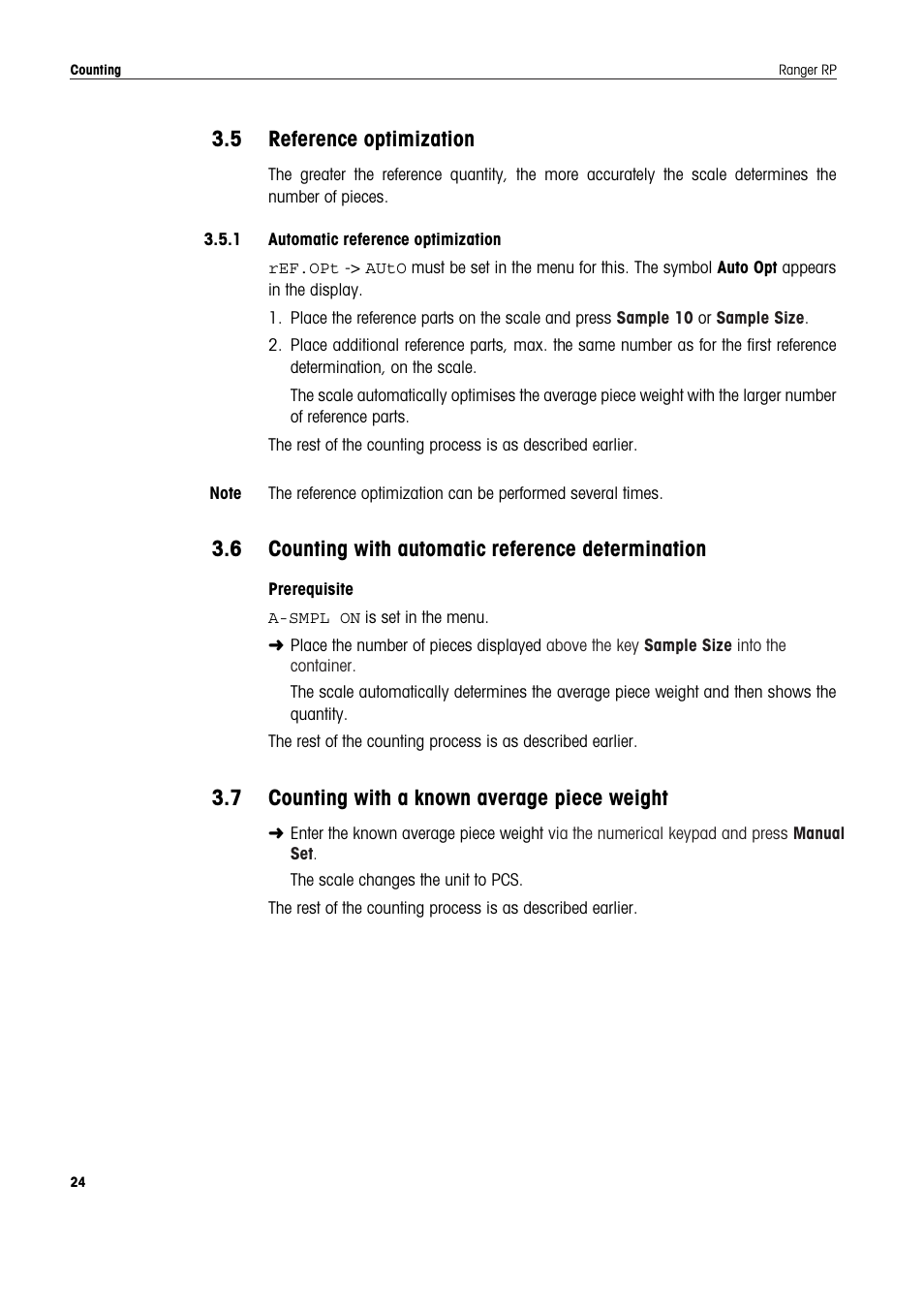 5 reference optimization, 1 automatic reference optimization, 6 counting with automatic reference determination | 7 counting with a known average piece weight, Reference optimization, Counting with automatic reference determination, Counting with a known average piece weight | Ohaus RANGER ADVANCED COMPACT COUNTING SCALES Manual en User Manual | Page 24 / 72