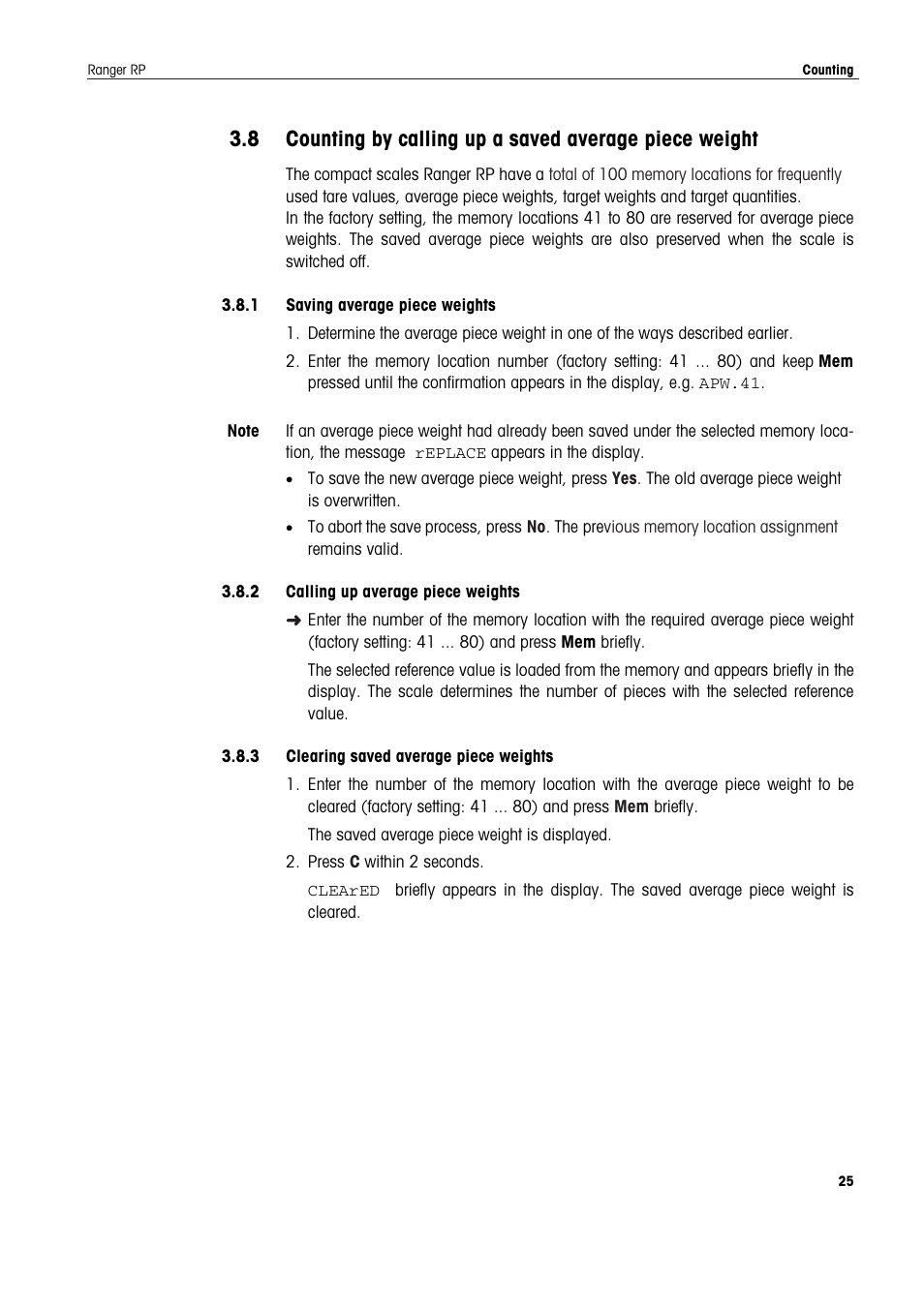 1 saving average piece weights, 2 calling up average piece weights, 3 clearing saved average piece weights | Ohaus RANGER ADVANCED COMPACT COUNTING SCALES Manual en User Manual | Page 25 / 72
