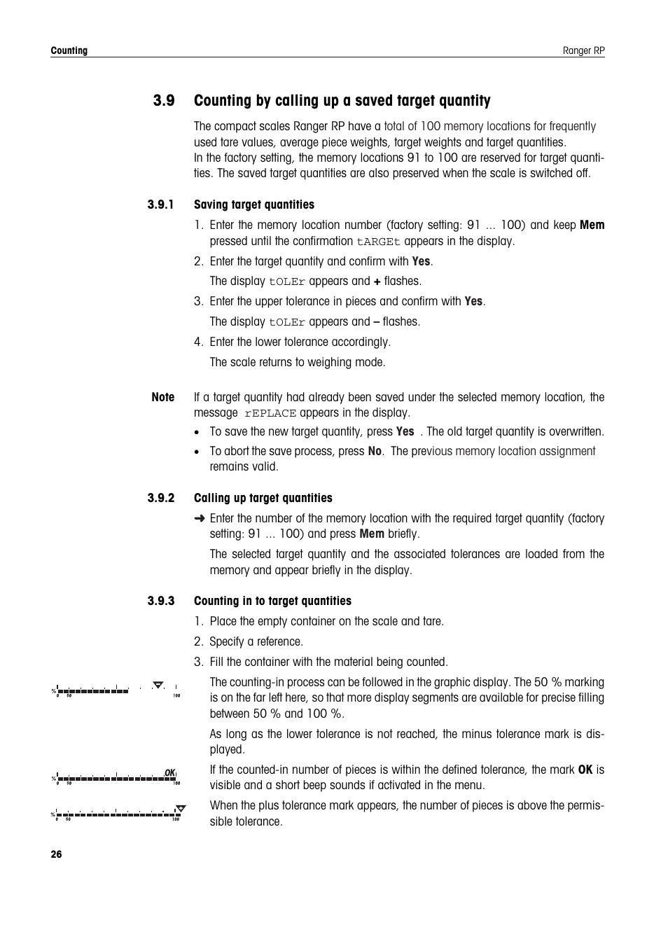 9 counting by calling up a saved target quantity, 1 saving target quantities, 2 calling up target quantities | 3 counting in to target quantities, Counting by calling up a saved target quantity | Ohaus RANGER ADVANCED COMPACT COUNTING SCALES Manual en User Manual | Page 26 / 72