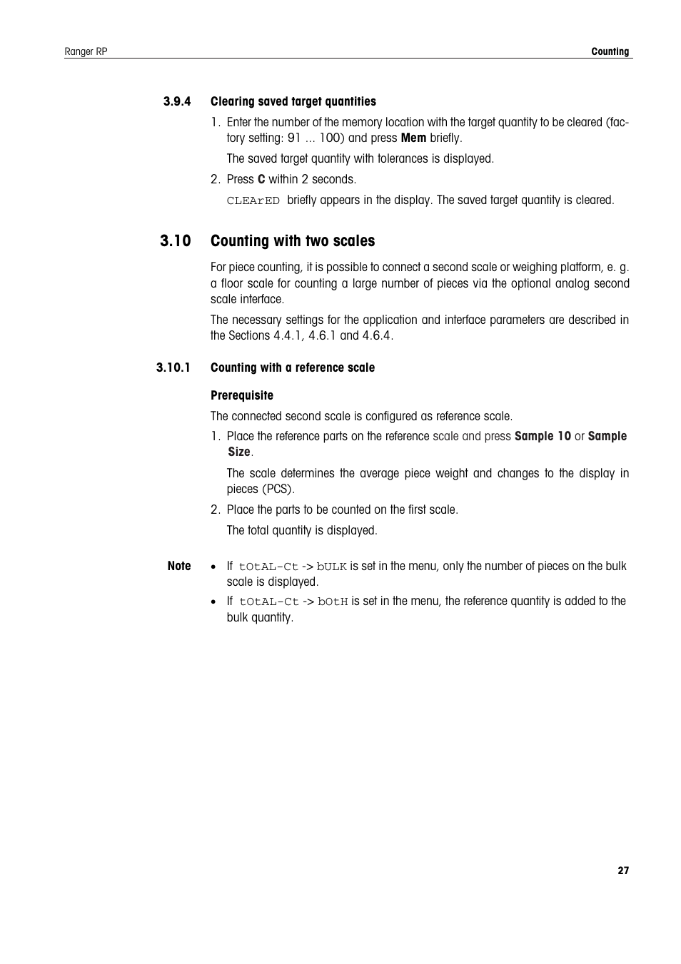 4 clearing saved target quantities, 10 counting with two scales, 1 counting with a reference scale | Counting with two scales | Ohaus RANGER ADVANCED COMPACT COUNTING SCALES Manual en User Manual | Page 27 / 72