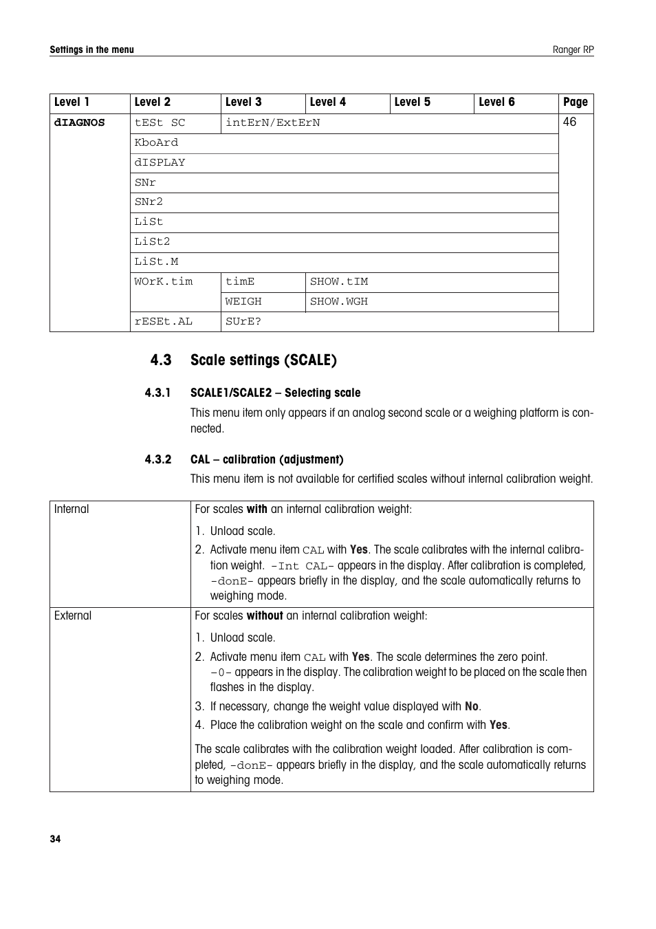 3 scale settings (scale), 1 scale1/scale2 - selecting scale, 2 cal - calibration (adjustment) | Scale settings (scale) | Ohaus RANGER ADVANCED COMPACT COUNTING SCALES Manual en User Manual | Page 34 / 72