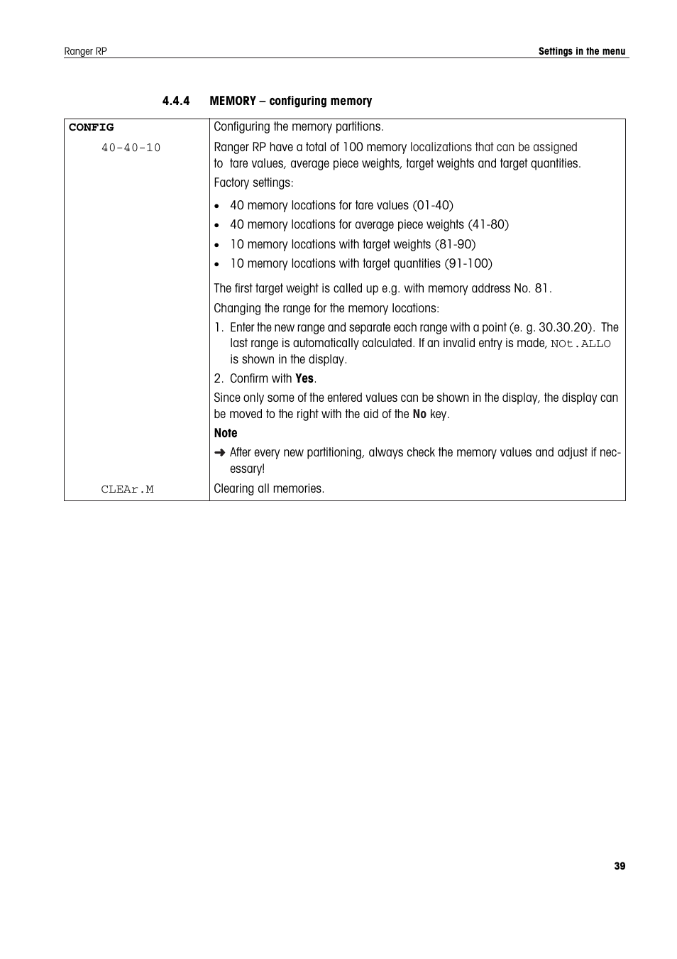 4 memory - configuring memory | Ohaus RANGER ADVANCED COMPACT COUNTING SCALES Manual en User Manual | Page 39 / 72