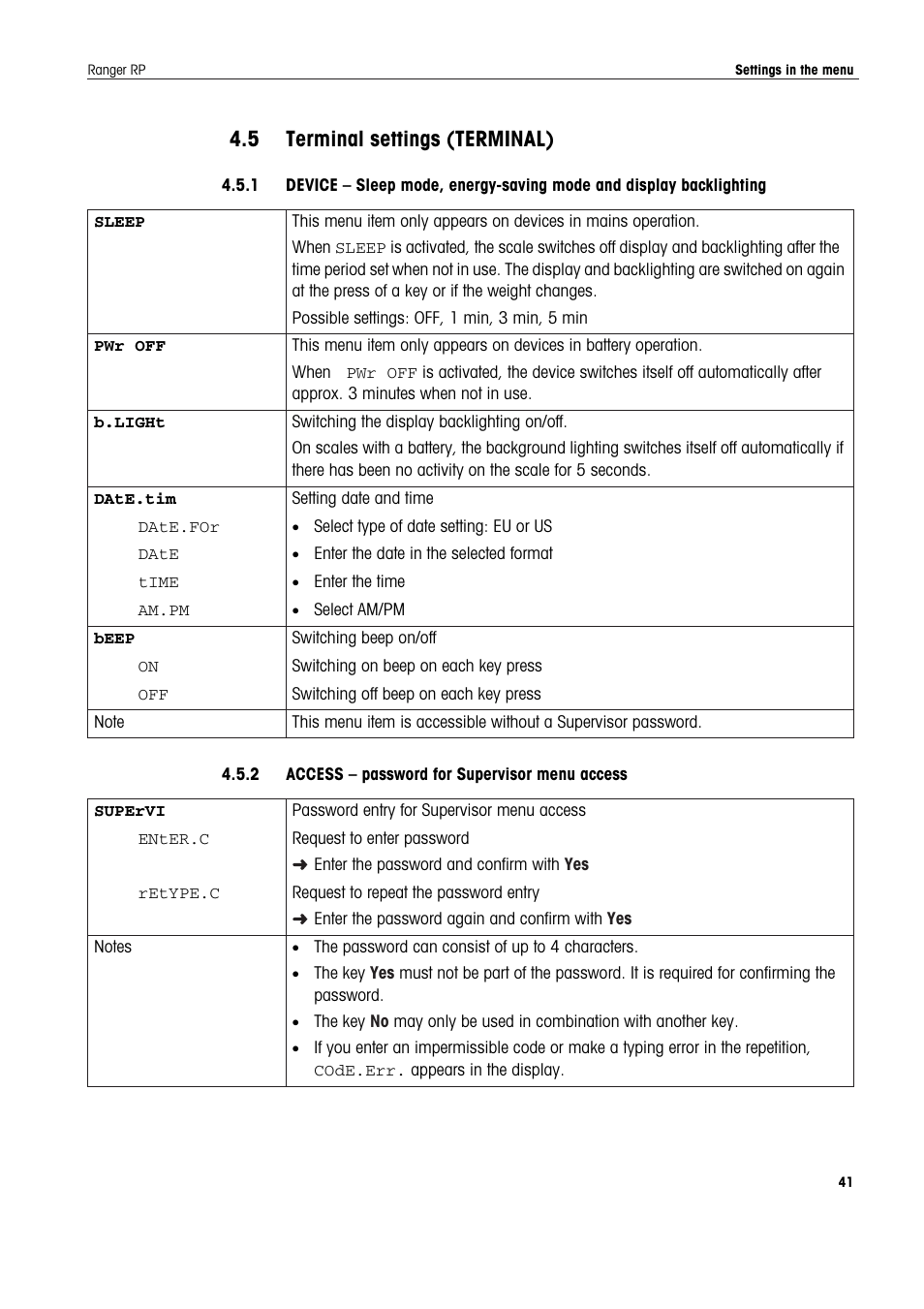 5 terminal settings (terminal), 2 access - password for supervisor menu access, Terminal settings (terminal) | Ohaus RANGER ADVANCED COMPACT COUNTING SCALES Manual en User Manual | Page 41 / 72